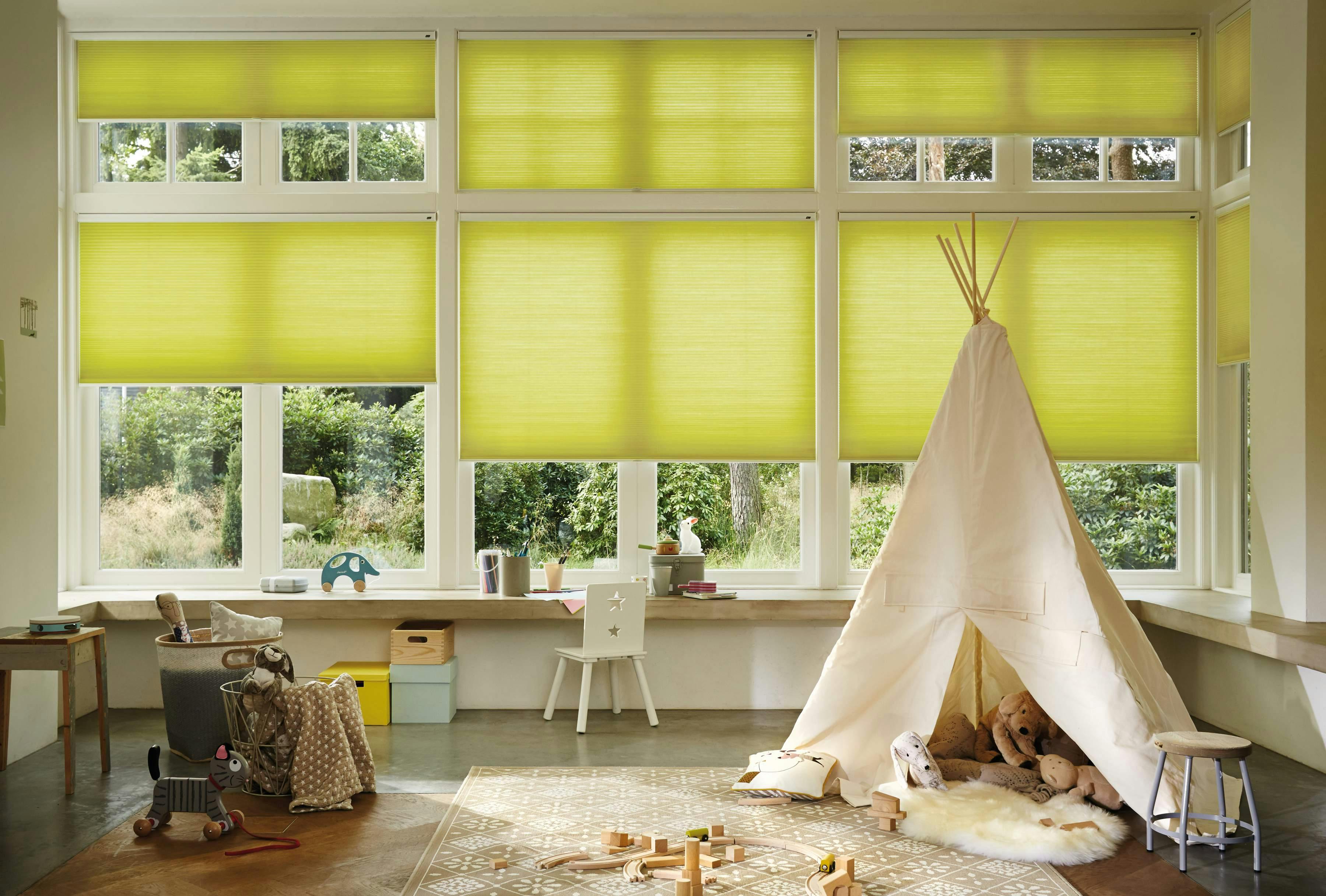 kids room with yellow duette shades