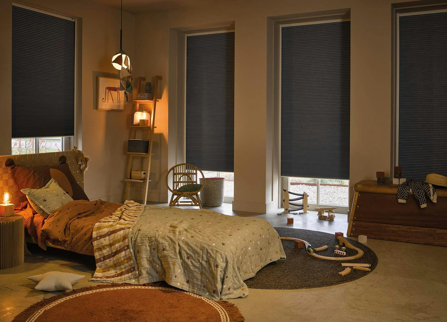 kids room with black duette shades 