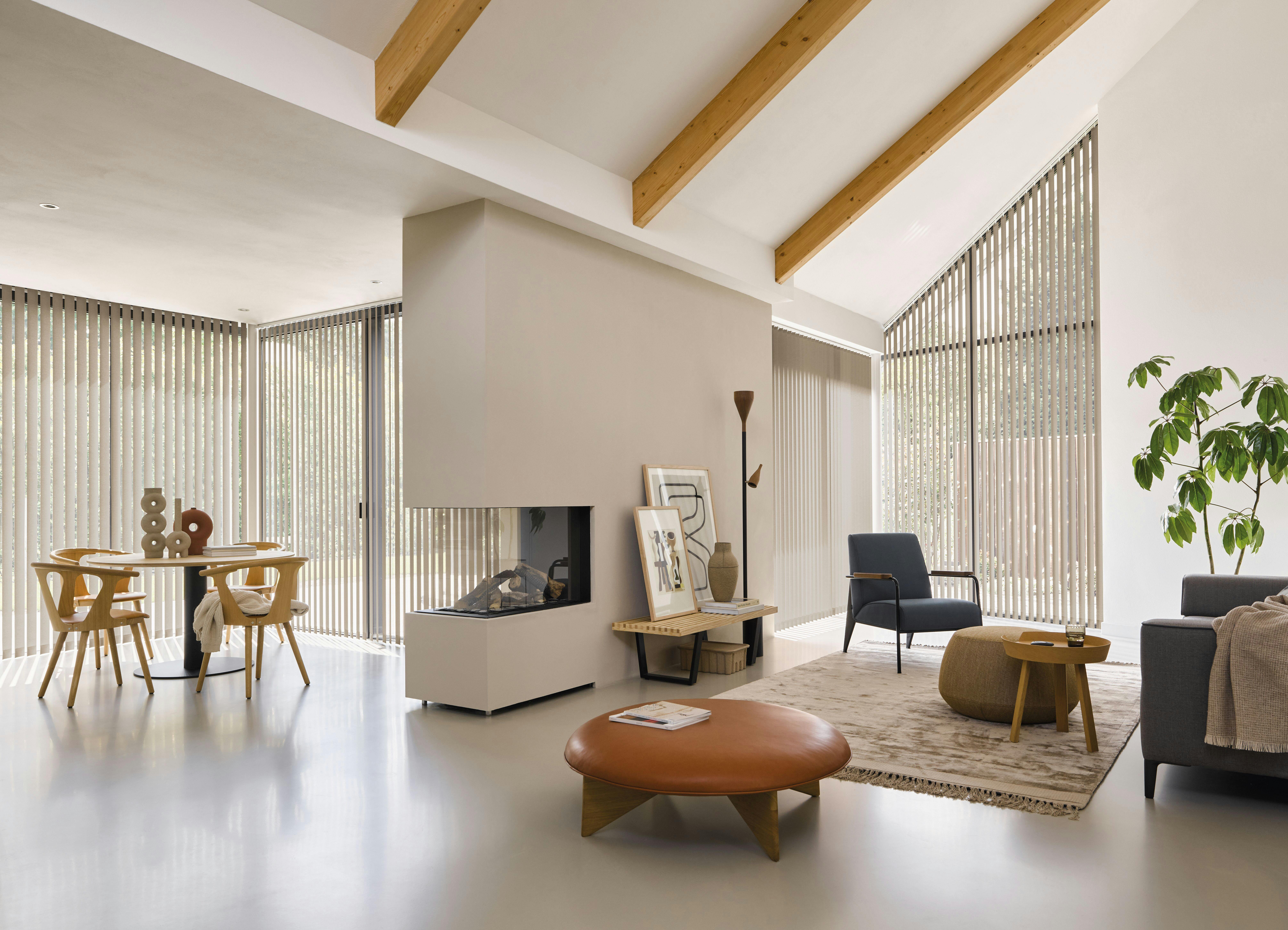 modern living room with cream vertical blinds