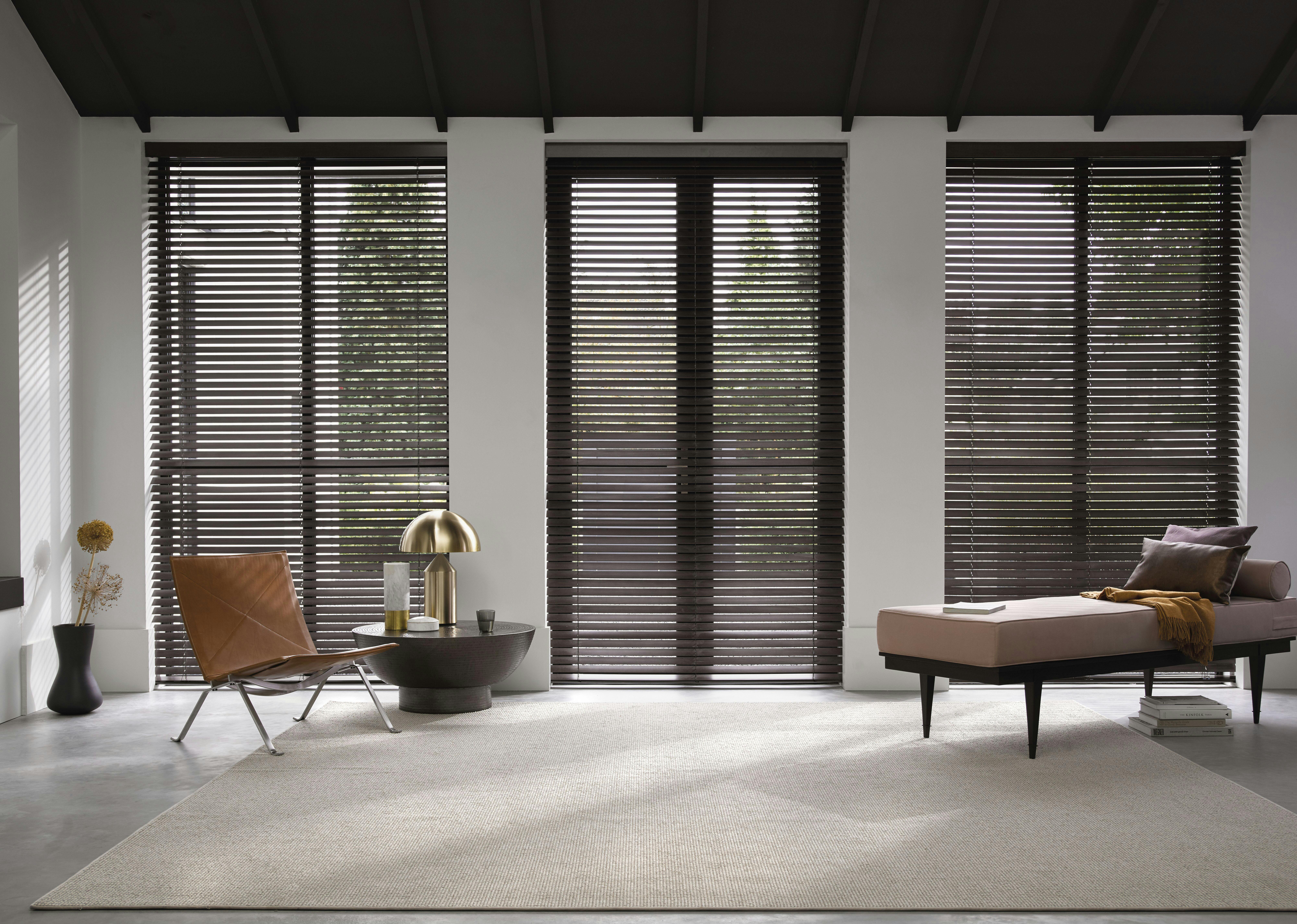 modern living room with black wood venetian blinds