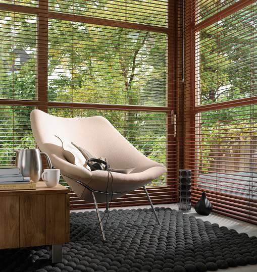 warm living room with brown venetian blinds