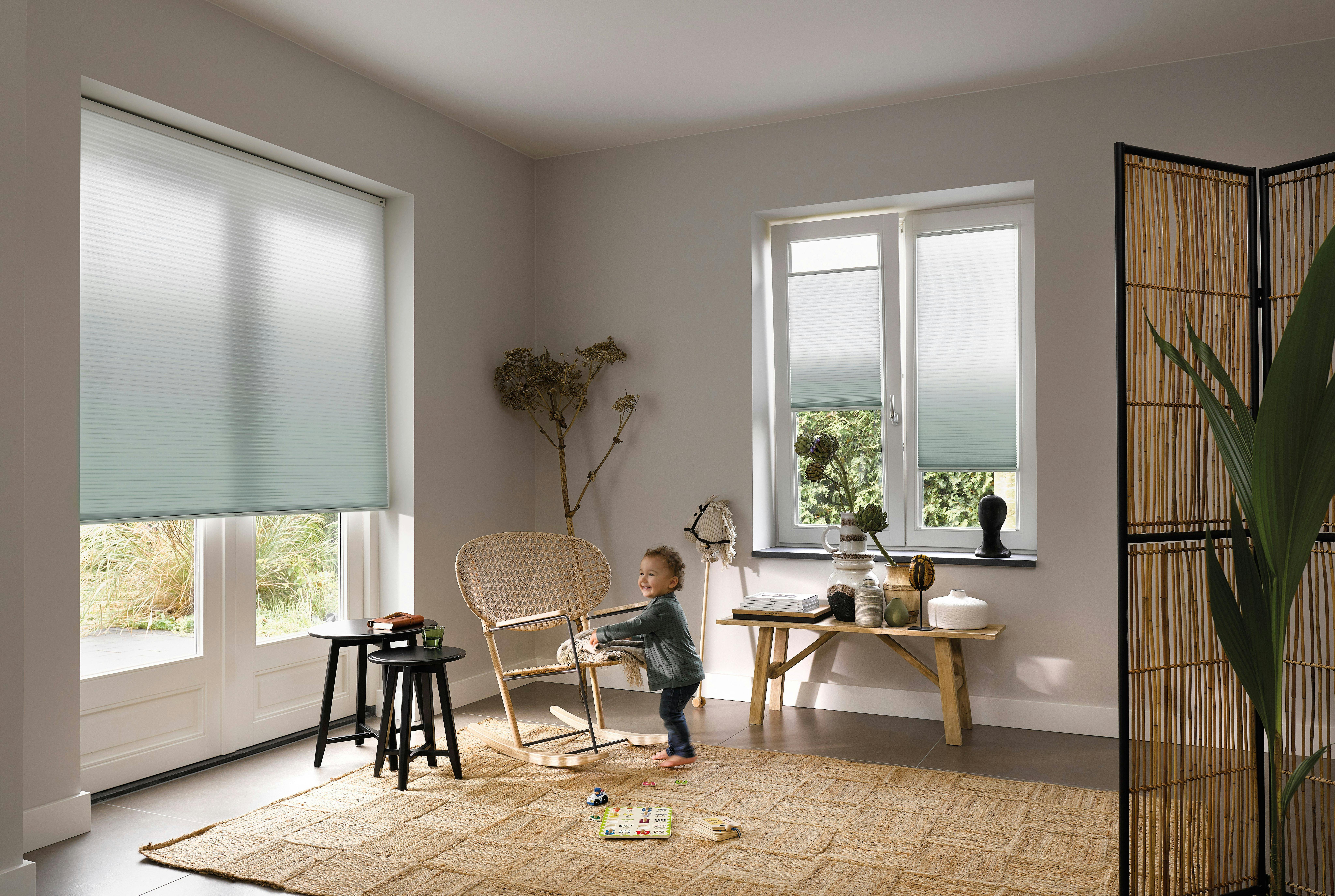 living room with green duette blinds