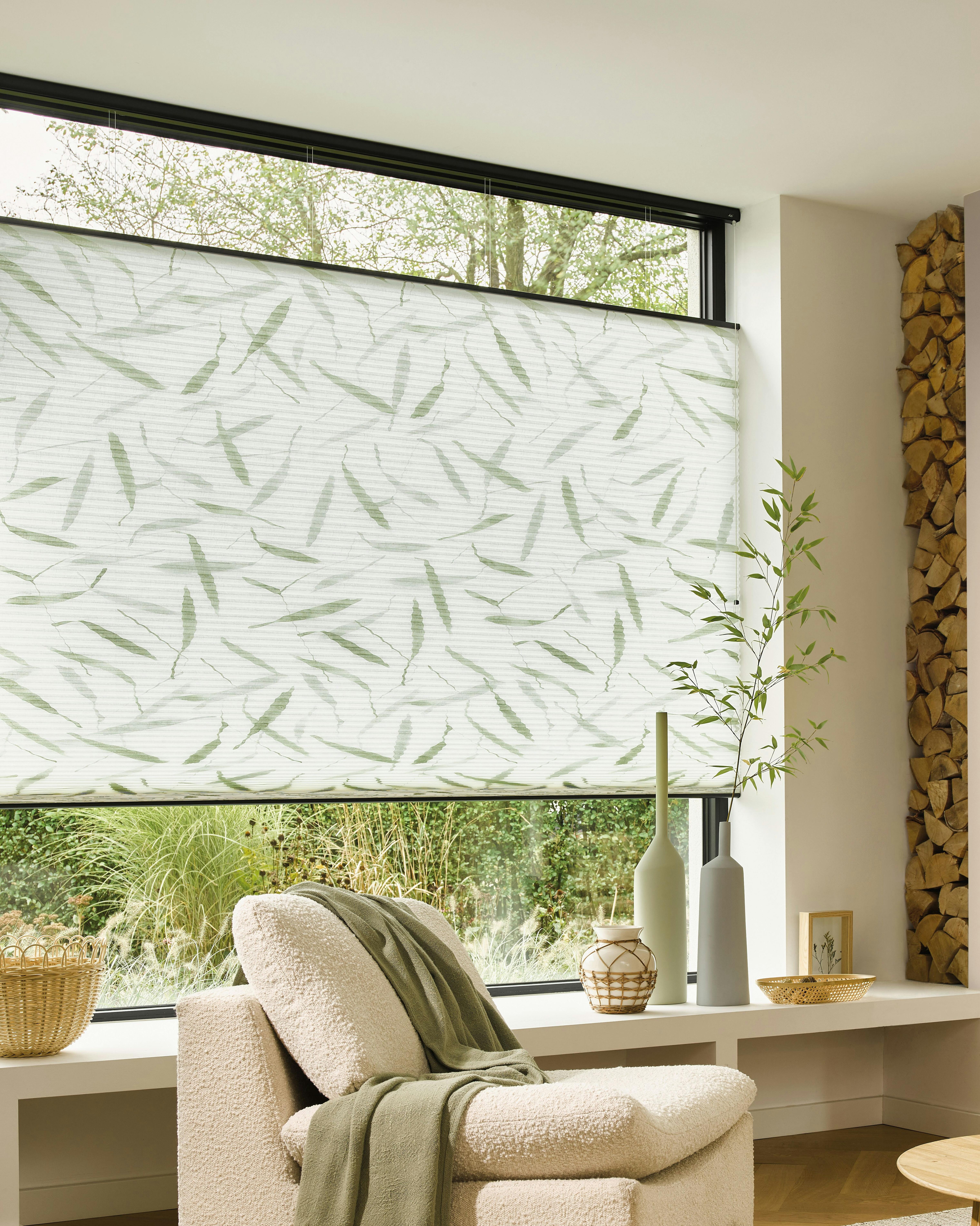 living room with green duette shades