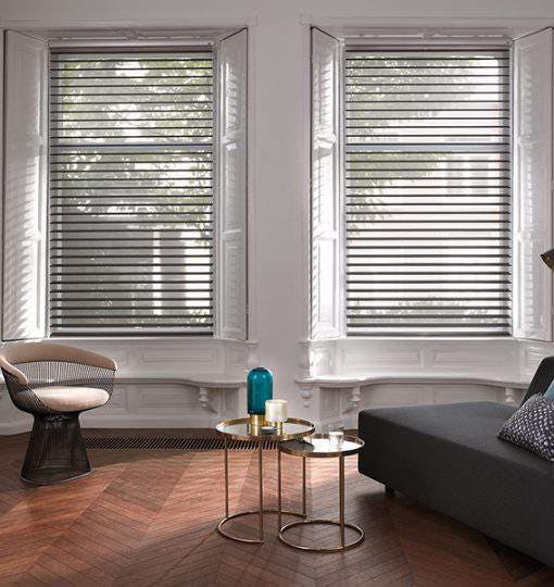 living room with black venetian blinds