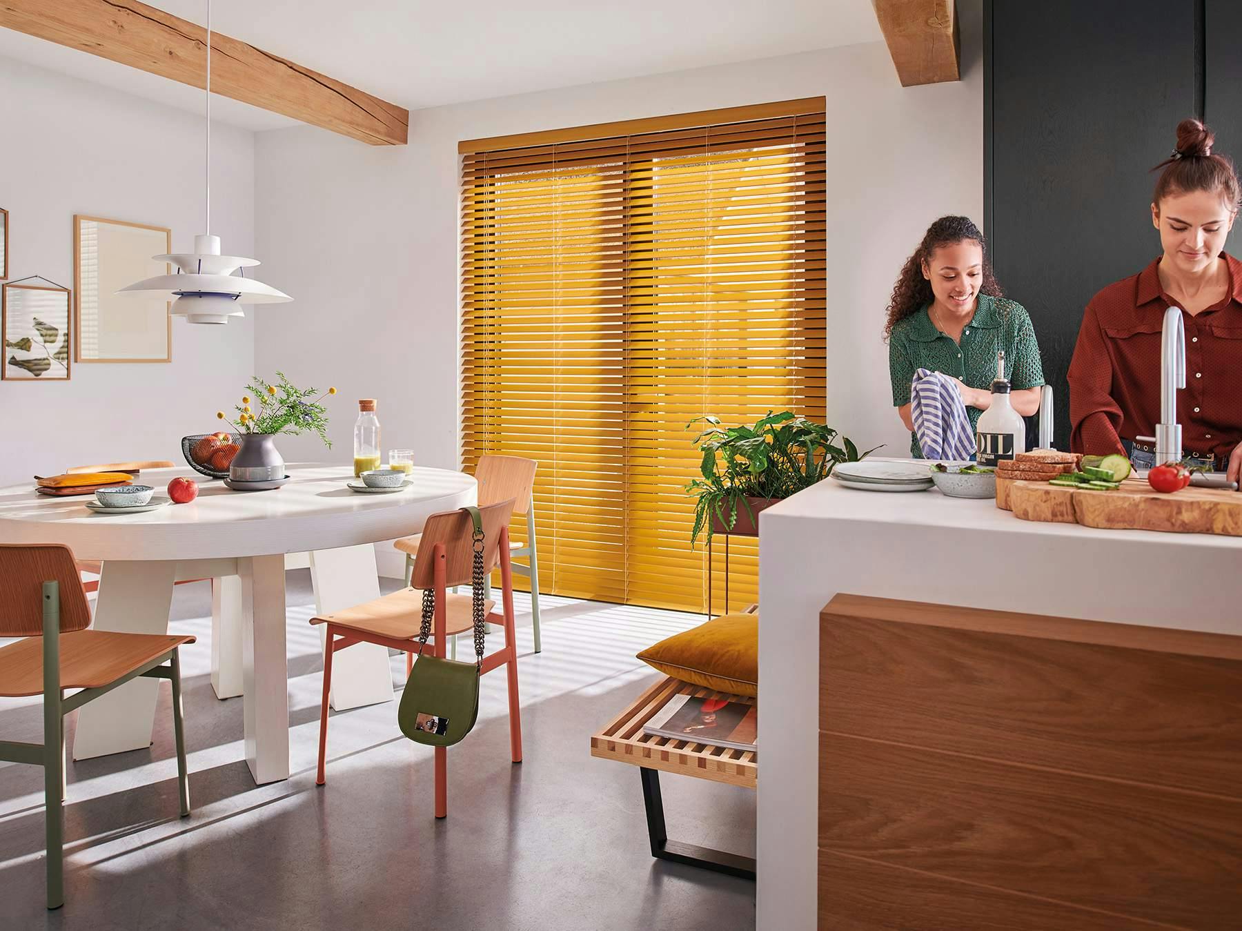 Kitchen with wood Venetian blinds