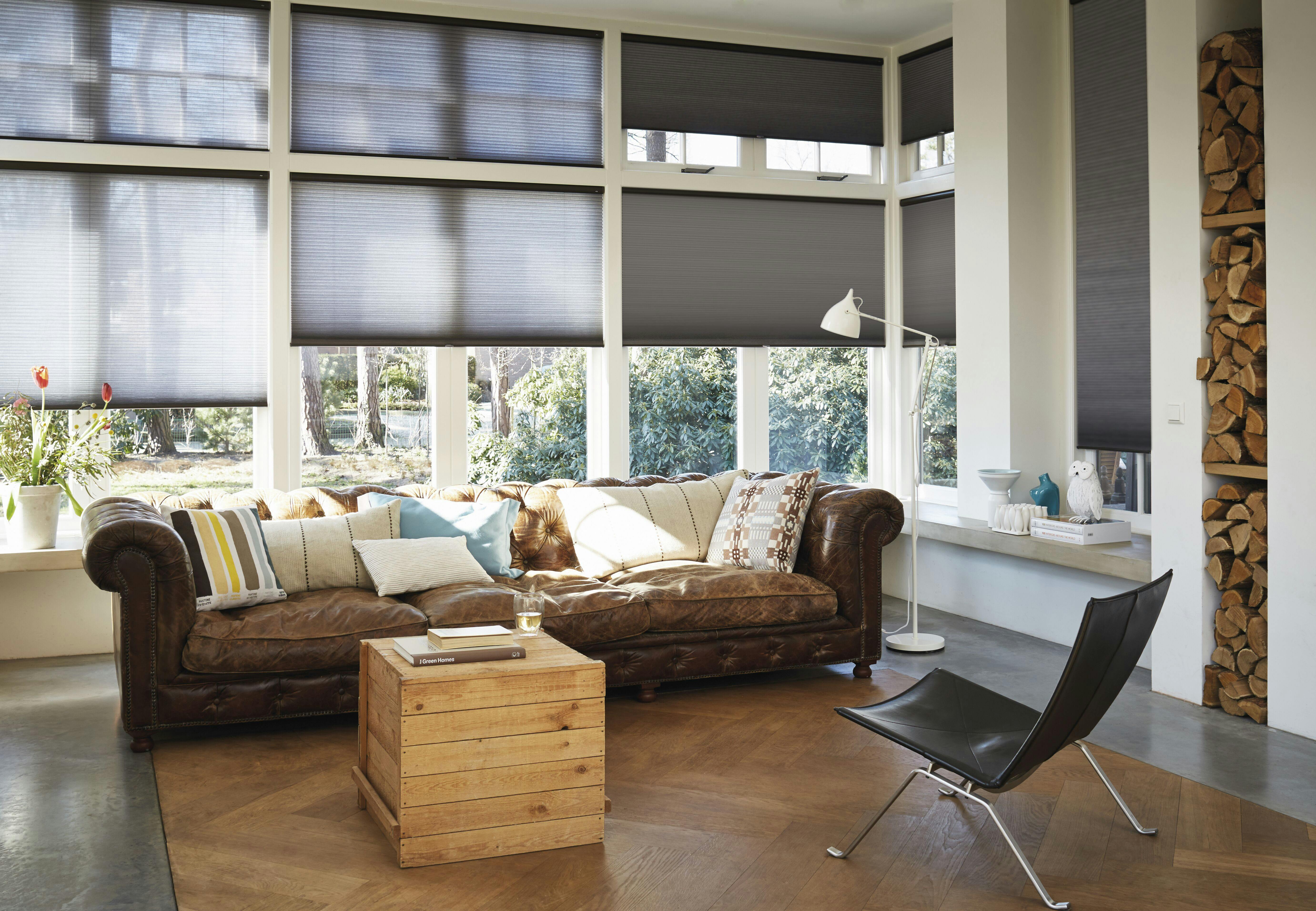 living room with black and grey duette shades