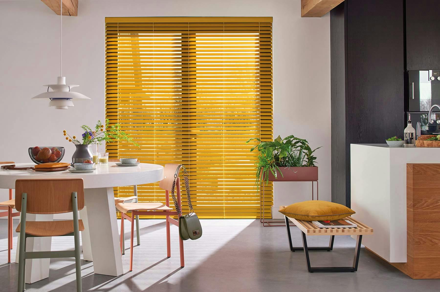 kitchen with wood venetian blinds