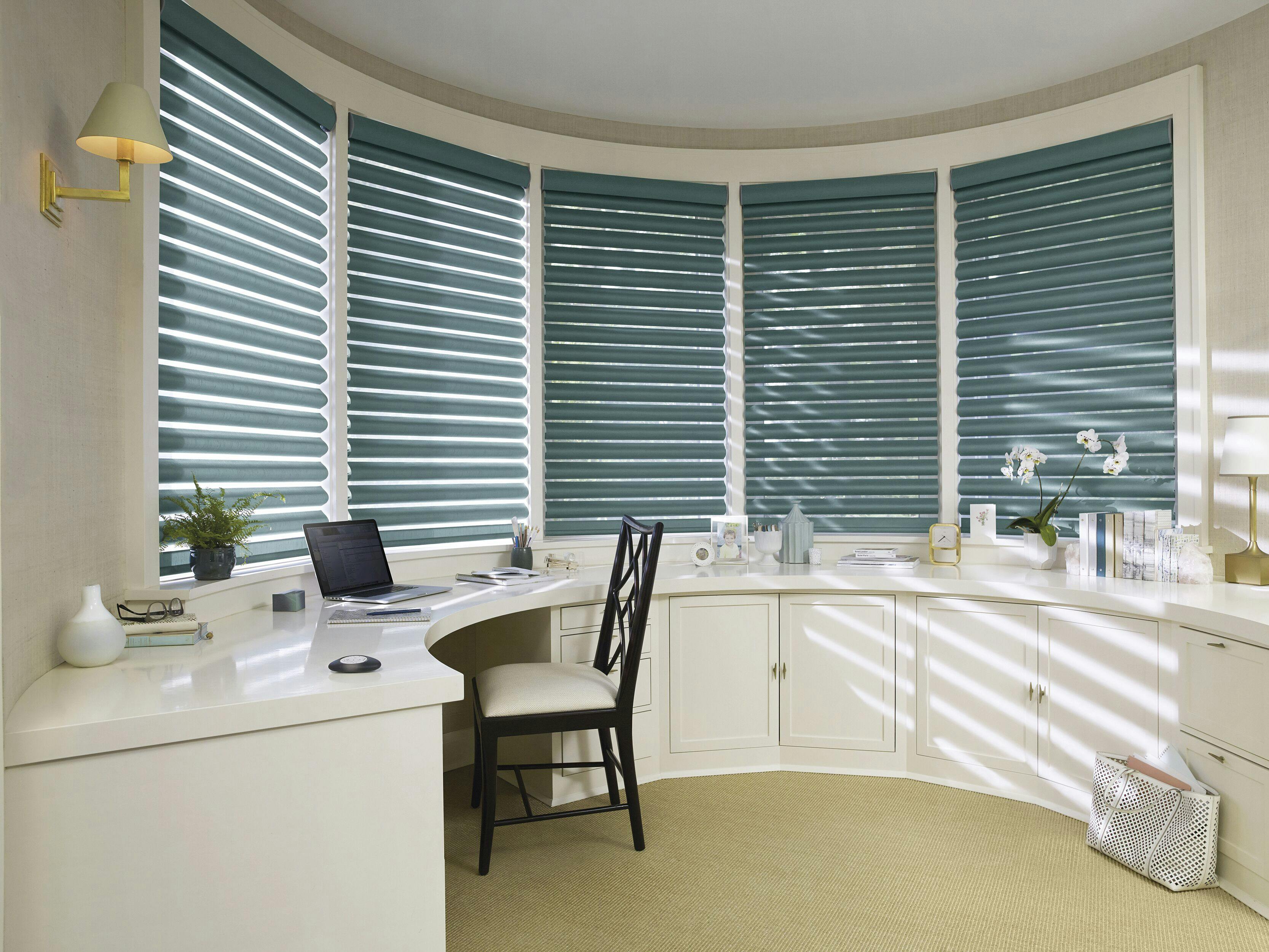 home office with blue piroutte shades