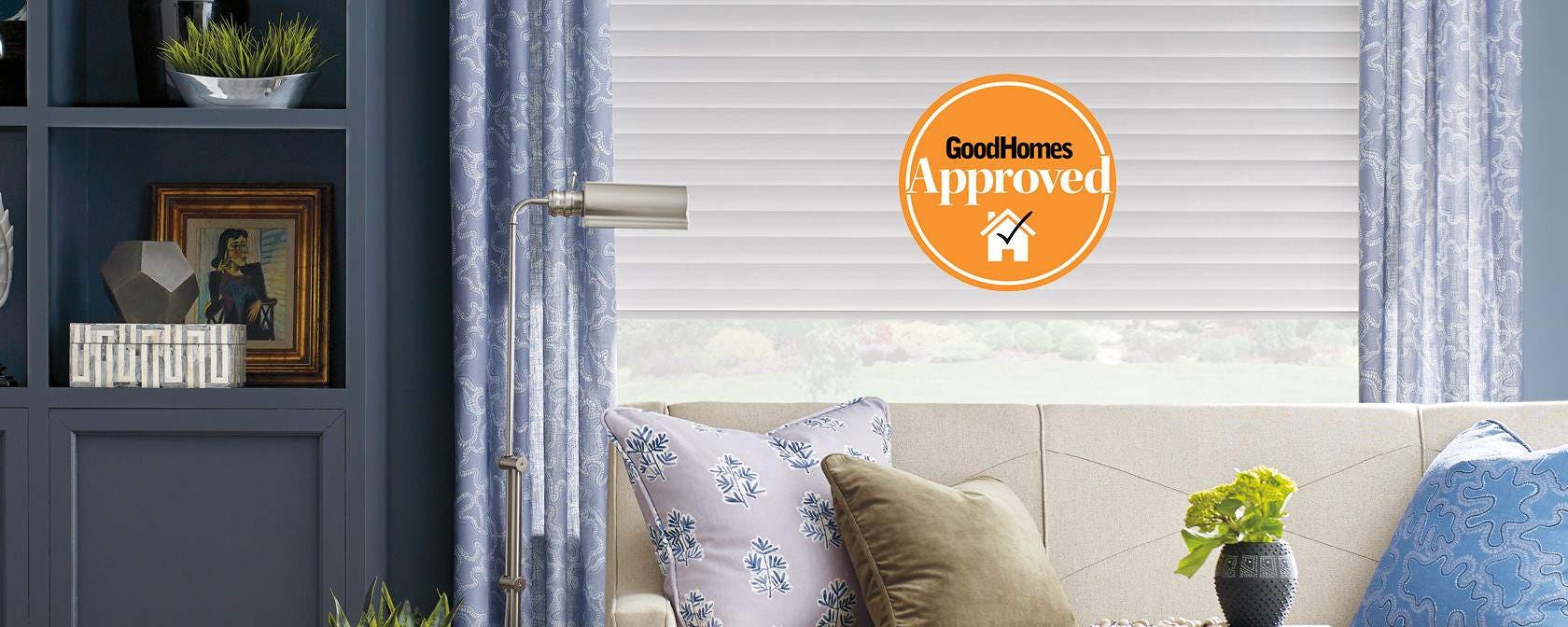 Living room with white Sonnette™ Shades that have Good Homes Approved mark