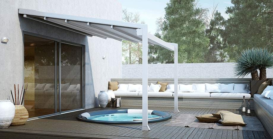 Luxurious outdoor's area with white Awnings covering a small hot tub