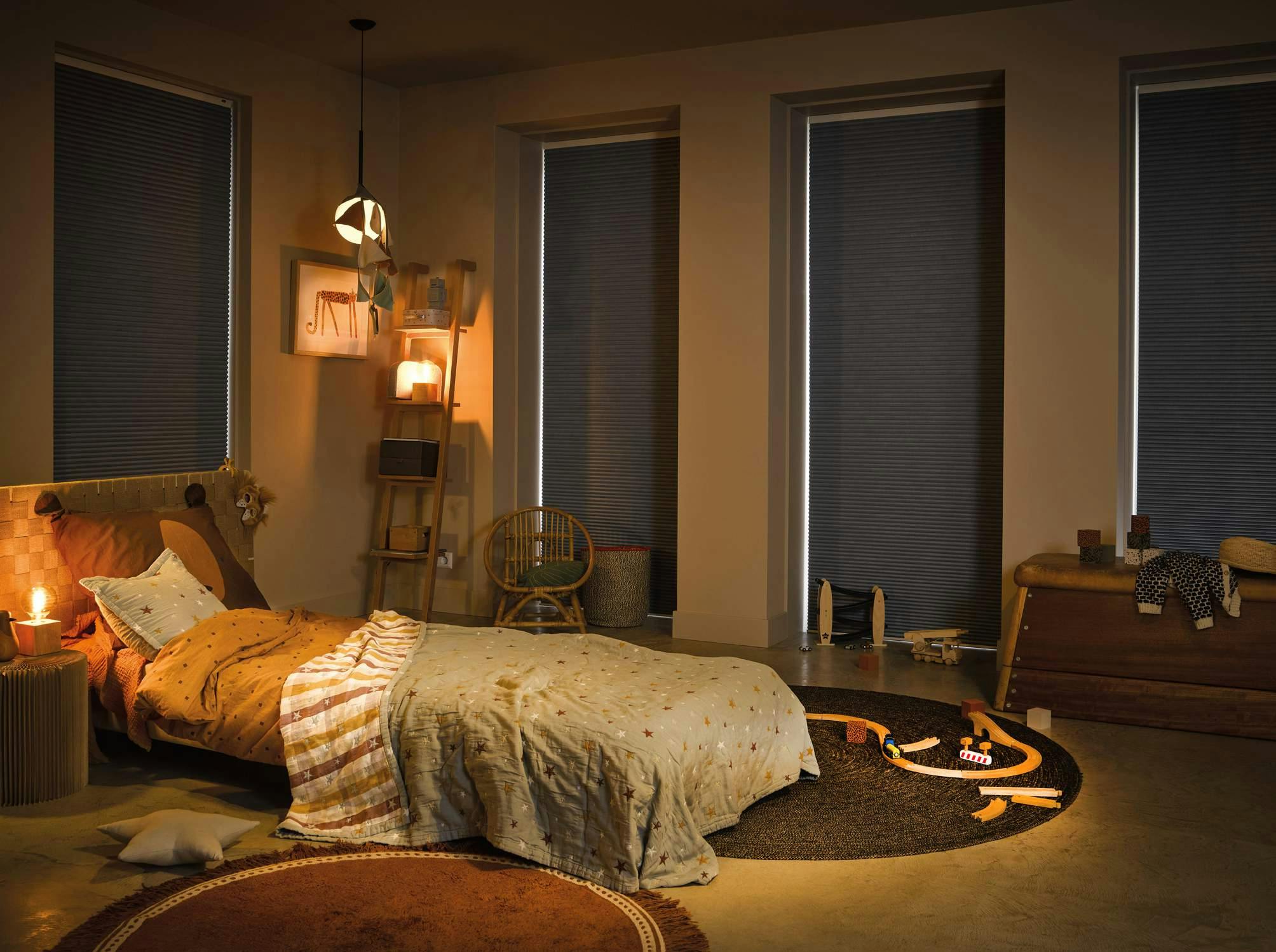 Modern dark bedroom with black Duette® blinds on windows