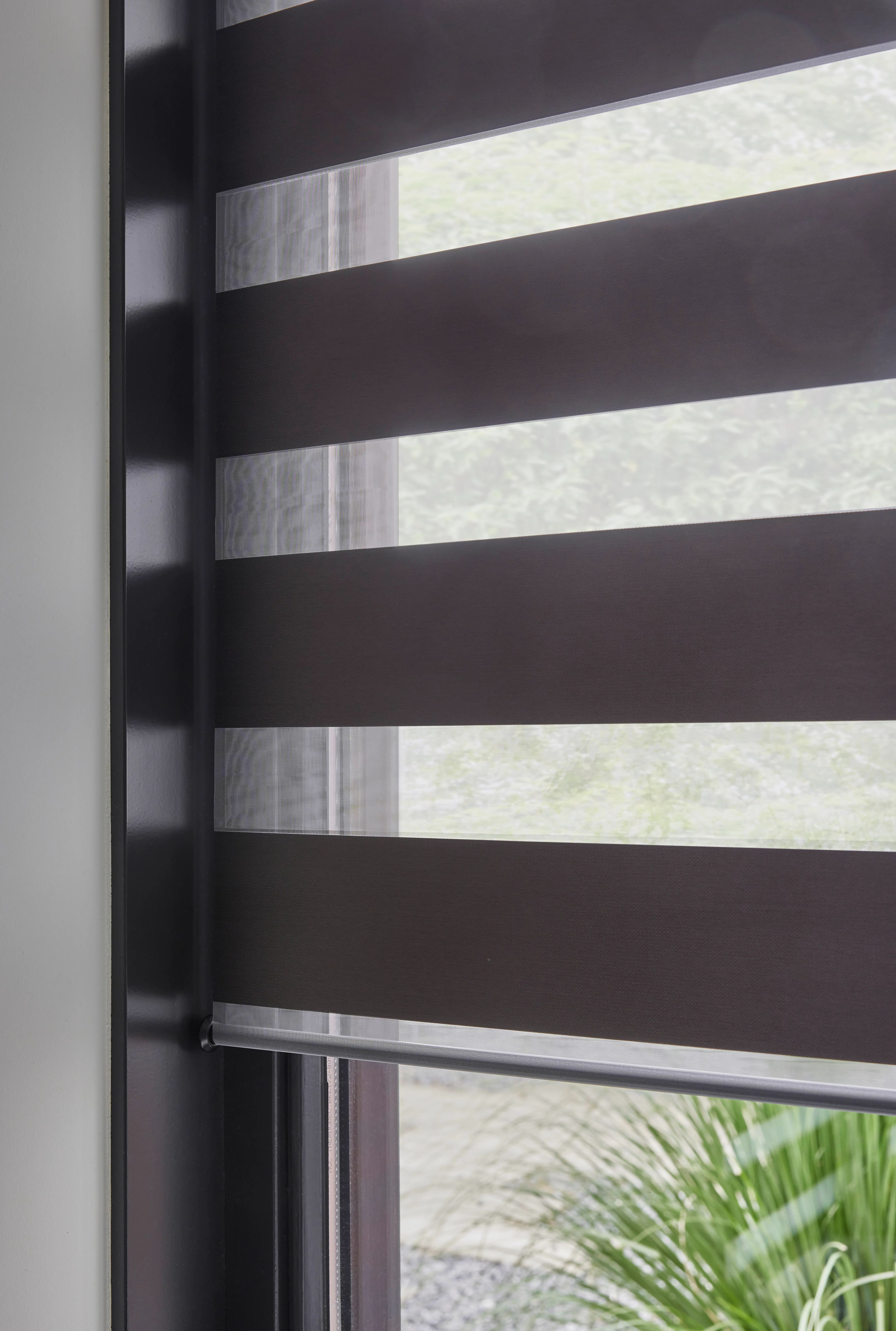 Close up of dark brown duo roller blinds on a window