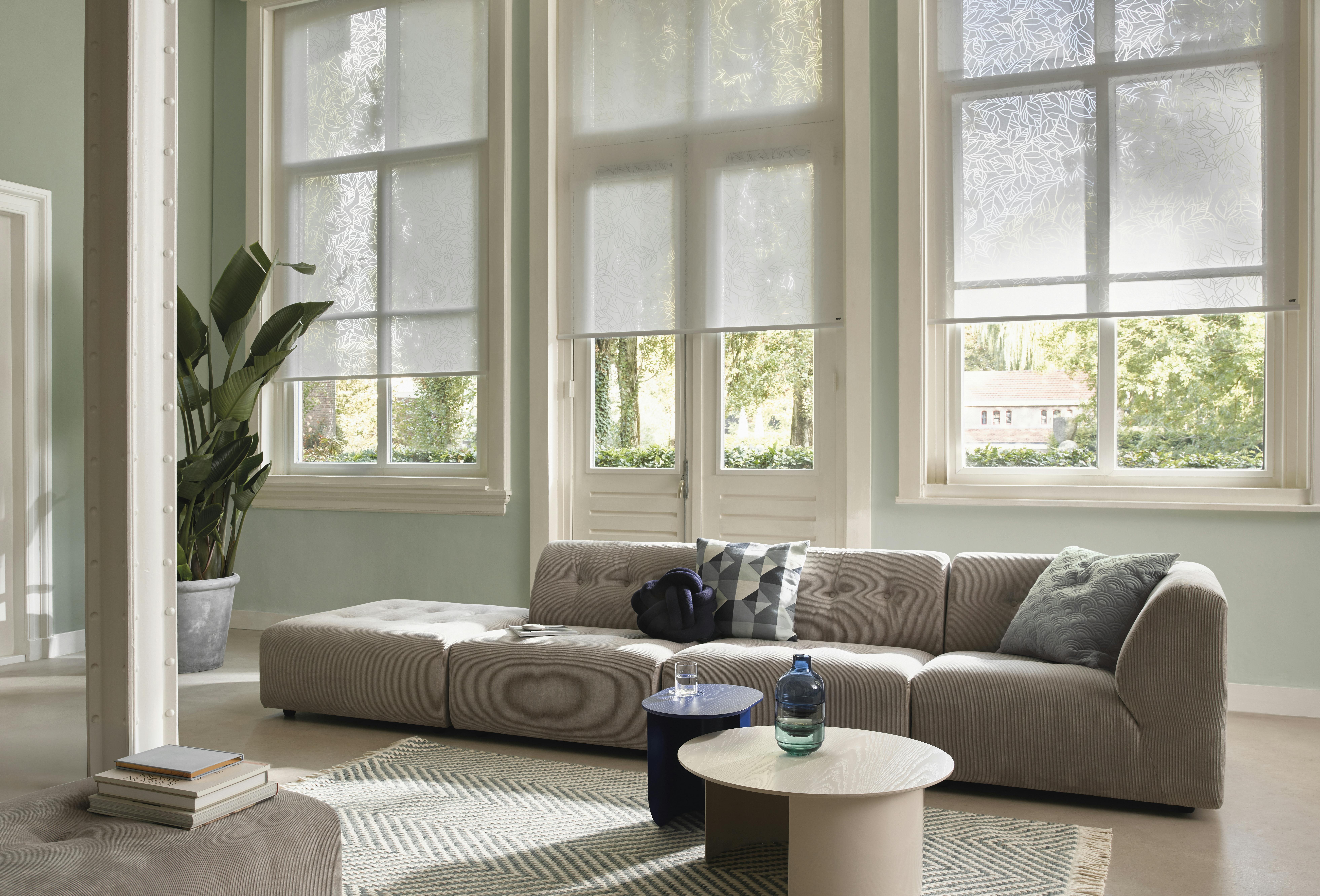 Spacious modern living room with white roller blinds on windows and patio doors