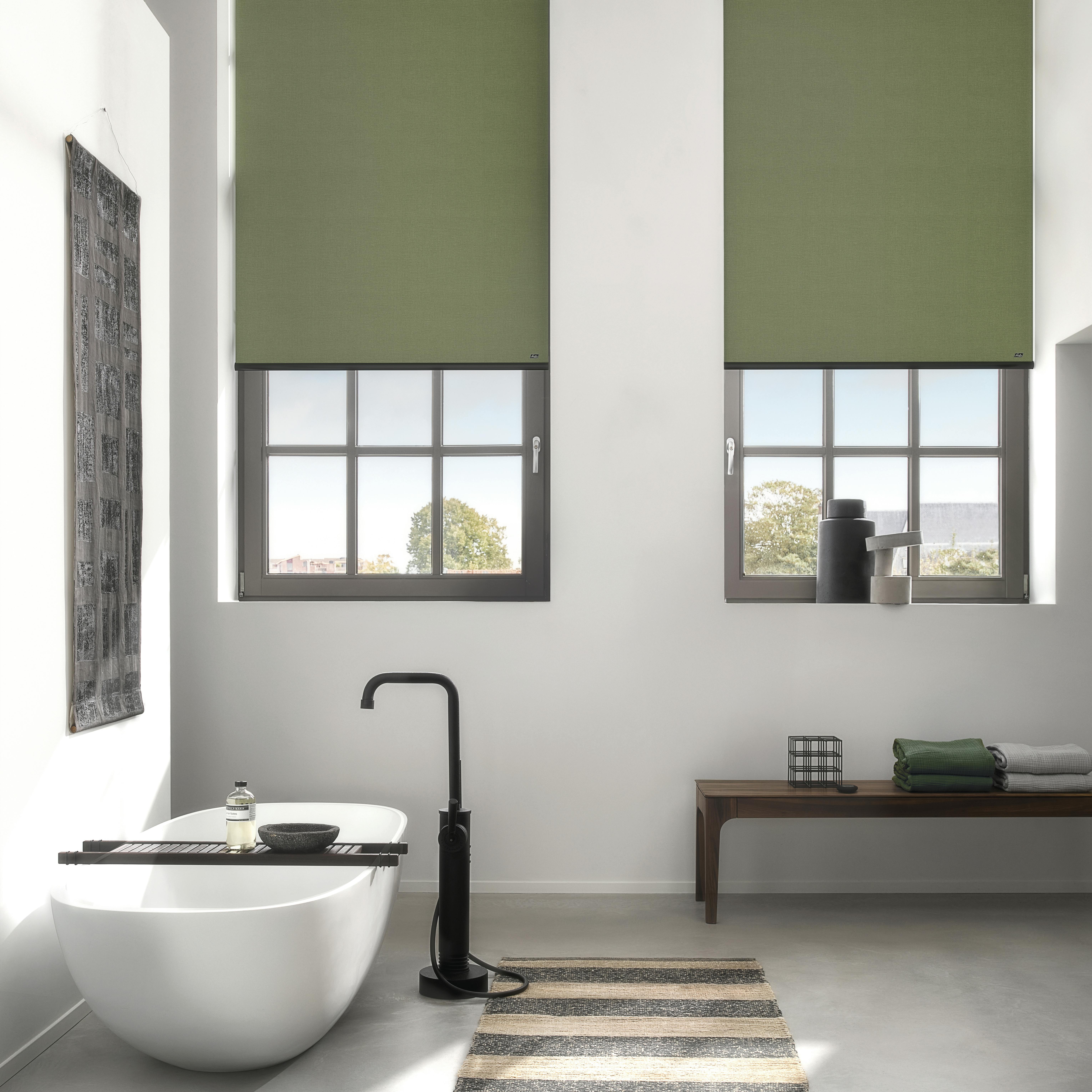 Modern bathroom with green roller blinds on standard windows