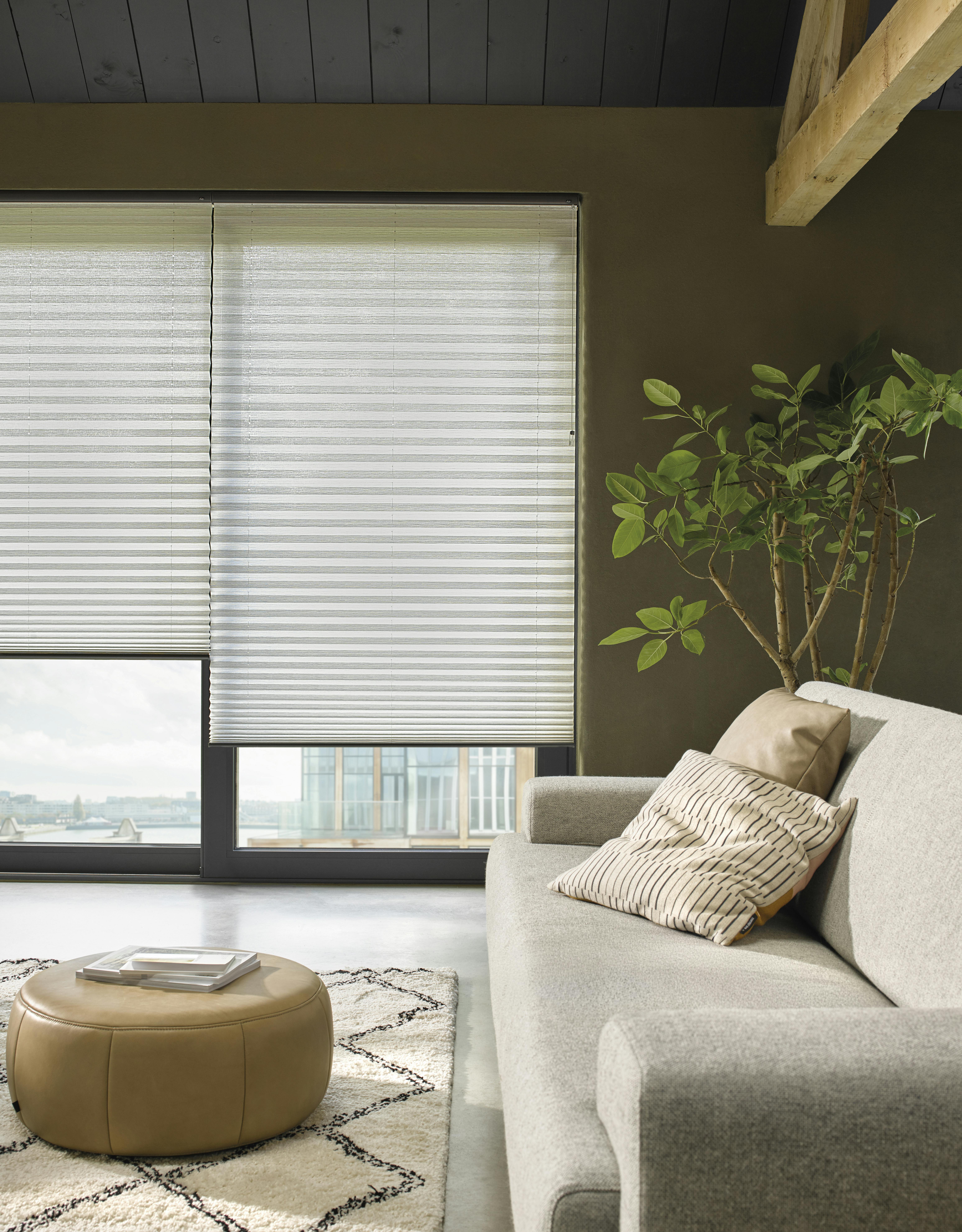 Witte plissé gordijnen op ramen in een woonkamer