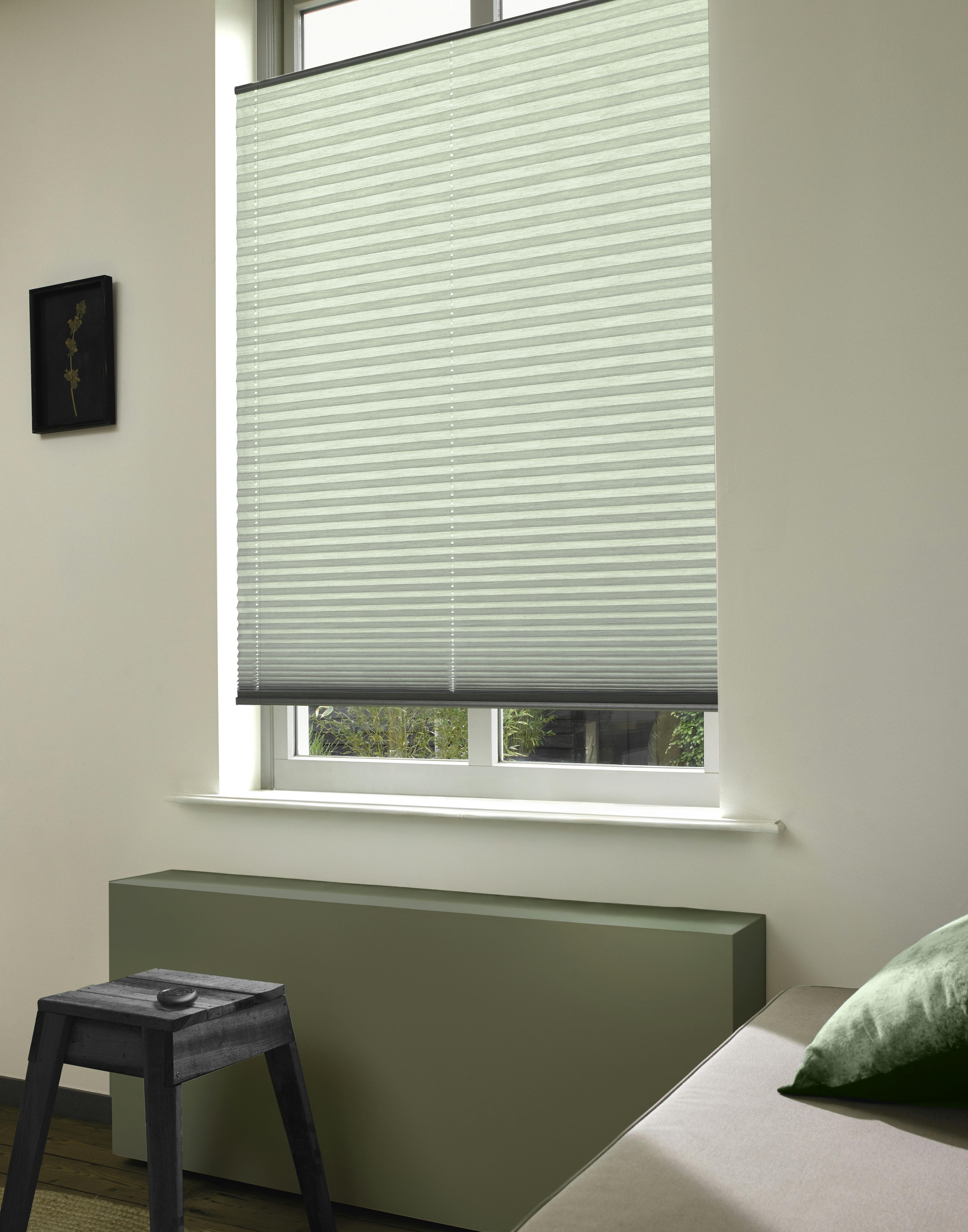 Green plisse shades on a standard window 