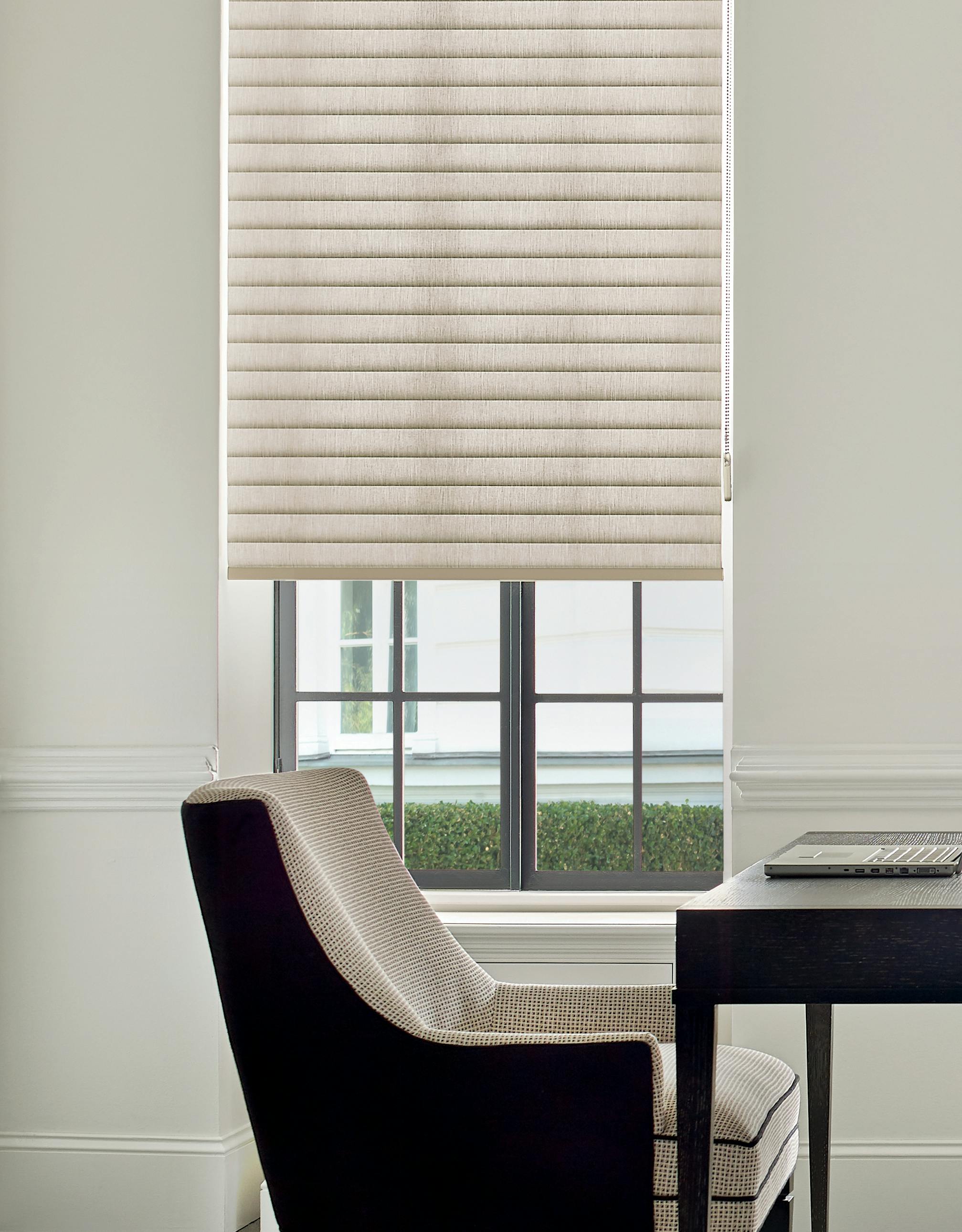 Cream Sonnette® shades on a window in home office