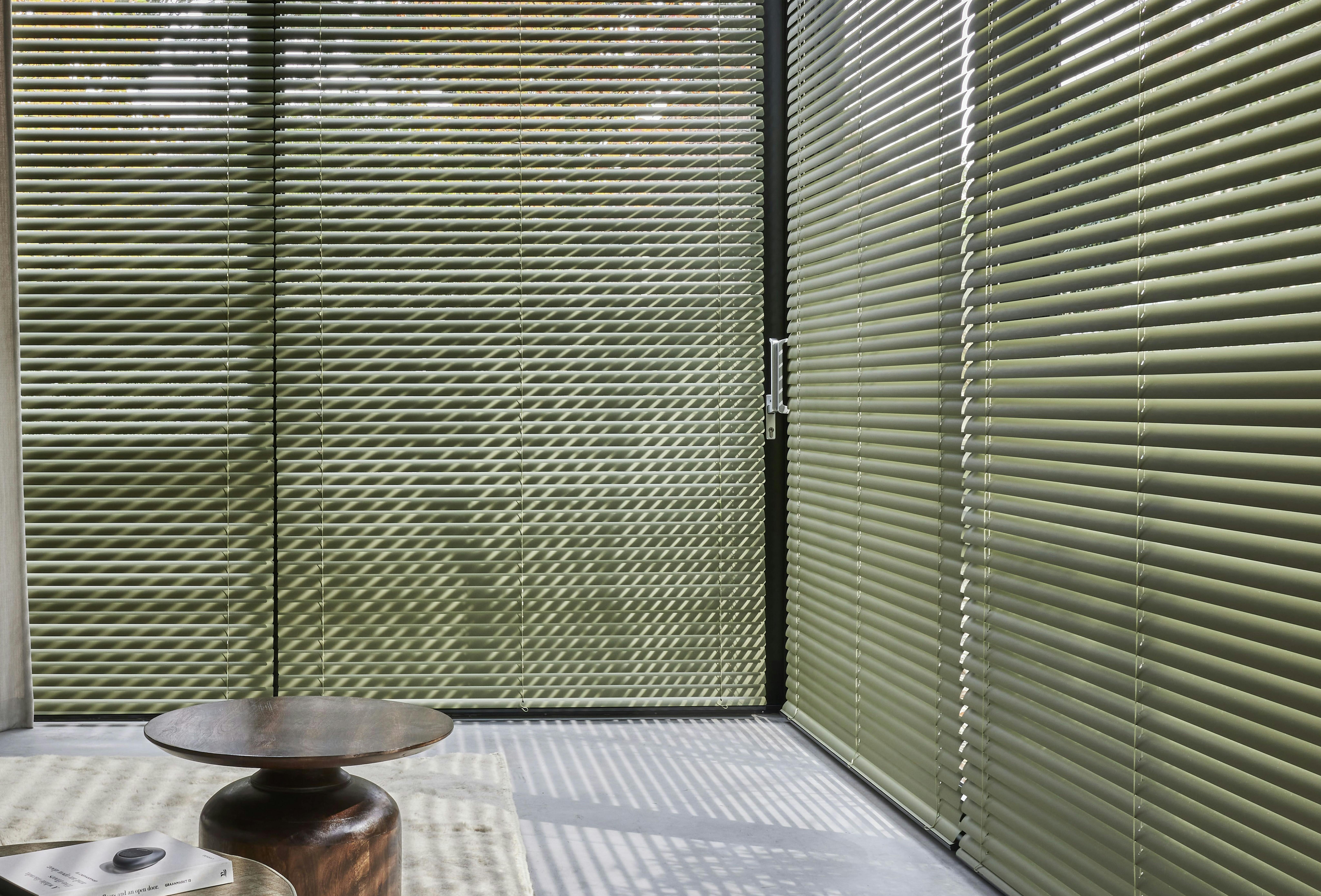 Green venetian blinds by a living room window