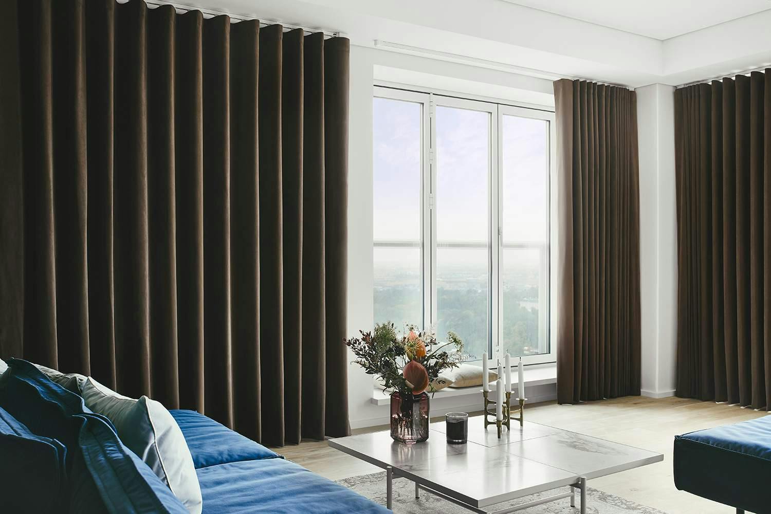 Dark brown curtains in a living room 
