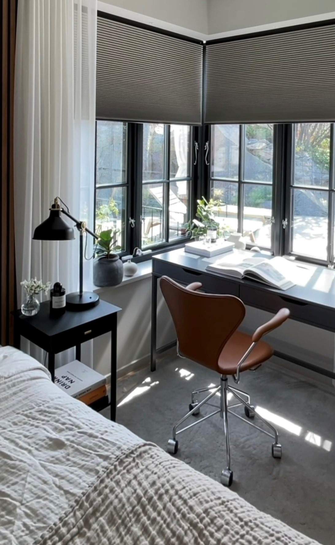 Grey duette shades in a home office 