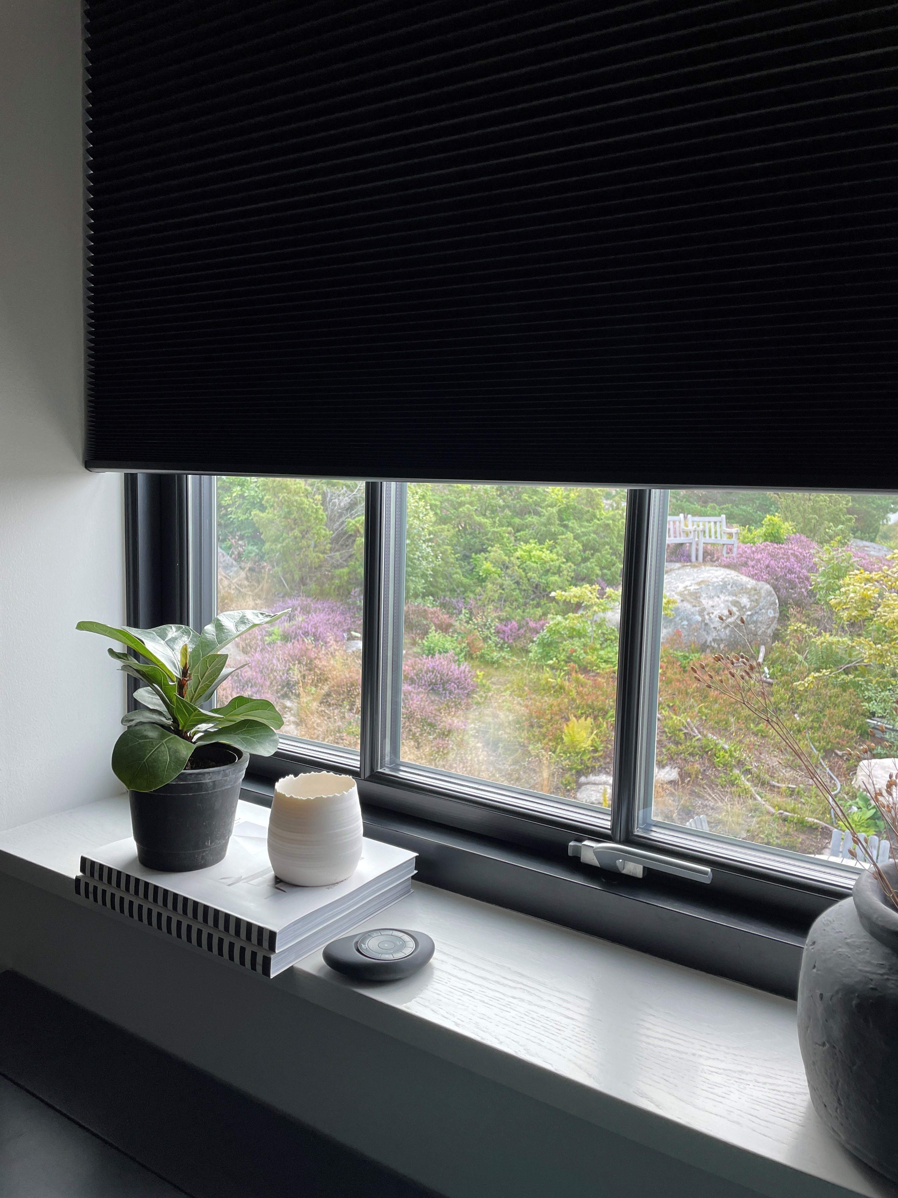 Black duette shades on a standard window with PowerView Automation and Pebble remote