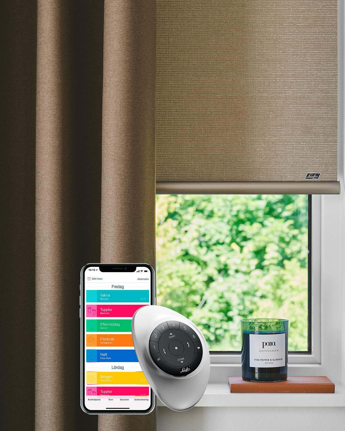 Brown curtains with beige roller blinds overlayed with Powerview automation and pebble remote