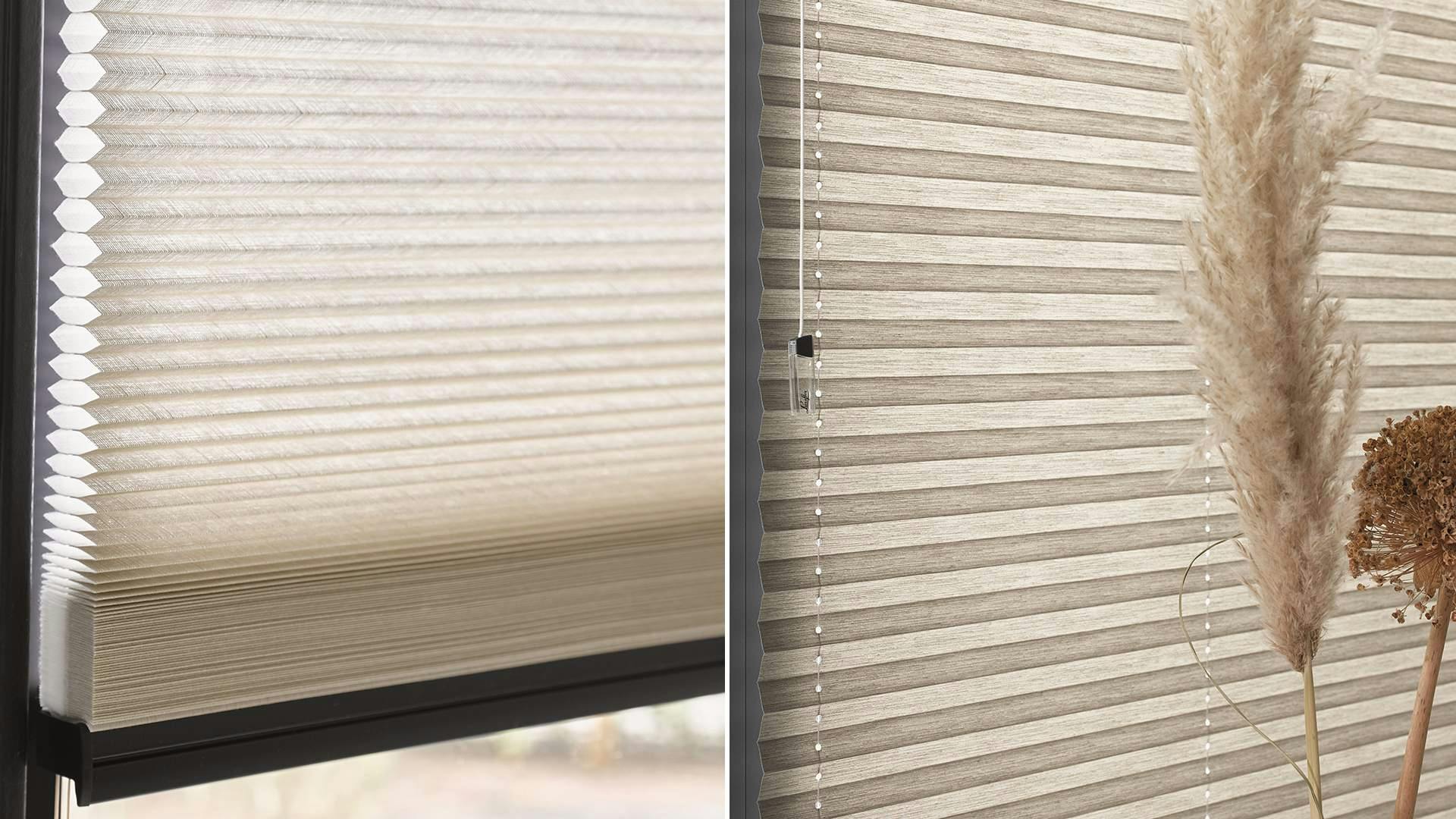 Närbild av beige Duette®-gardiner