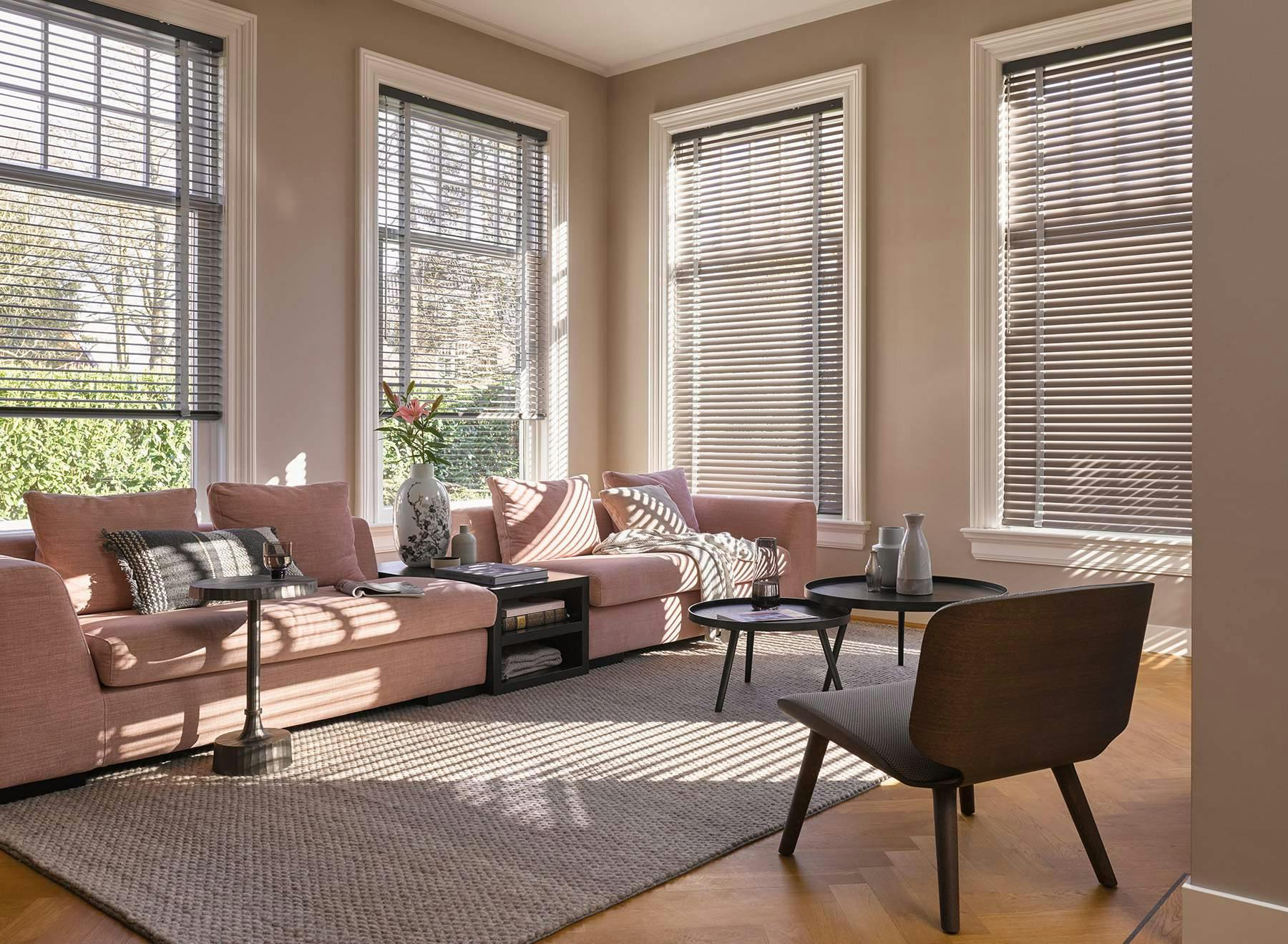 Brown venetian blinds in a living room