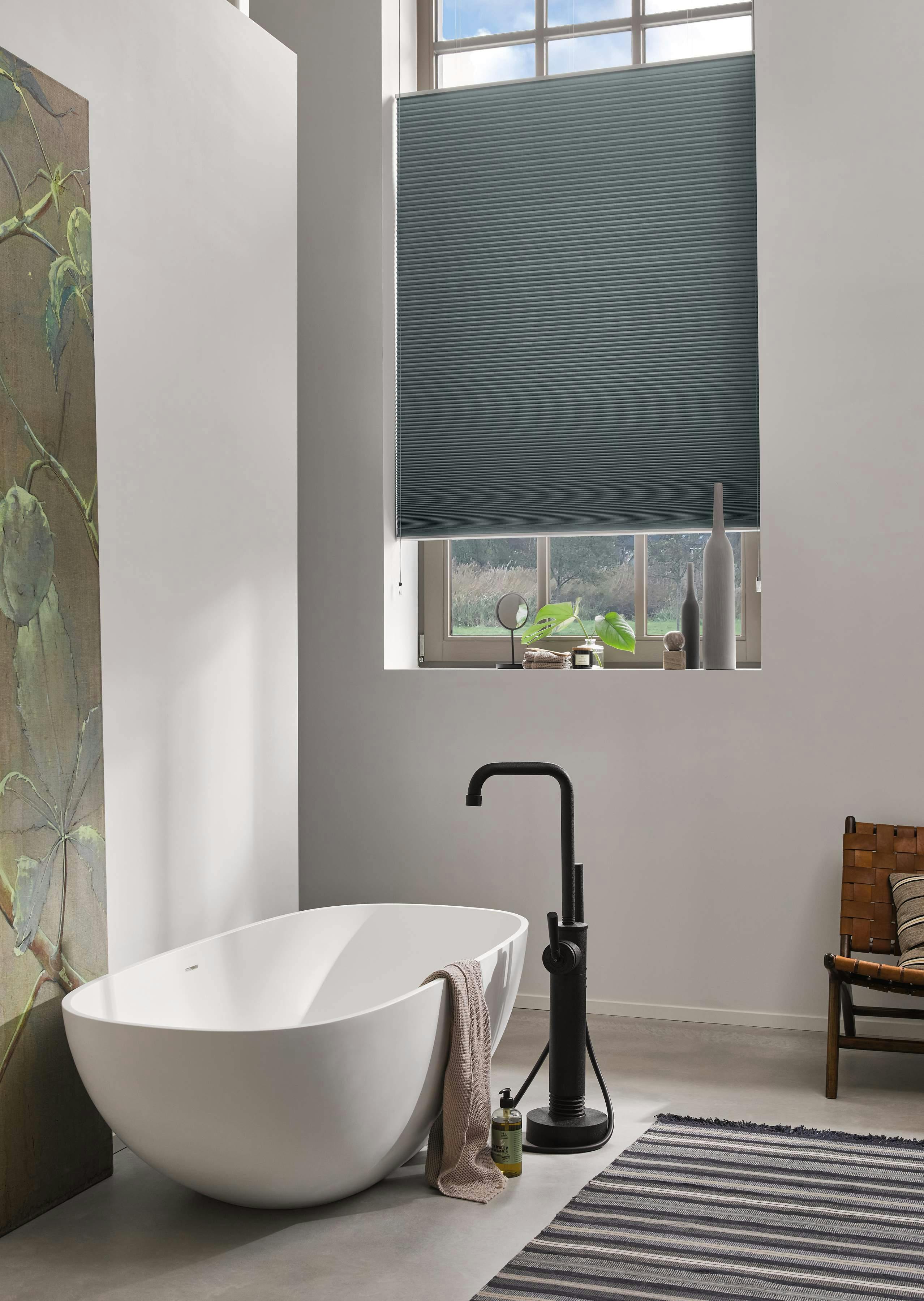 Blue duette shades in a bathroom