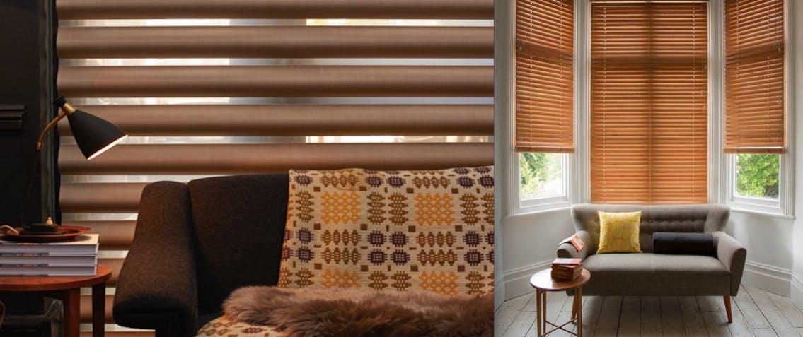 Brown pirouette shades and wood blinds in a living room
