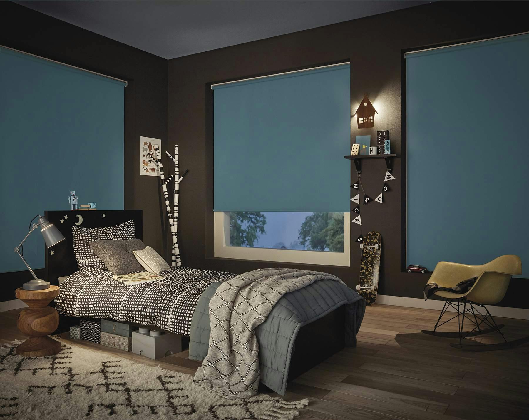 Blue roller blinds in a kids room