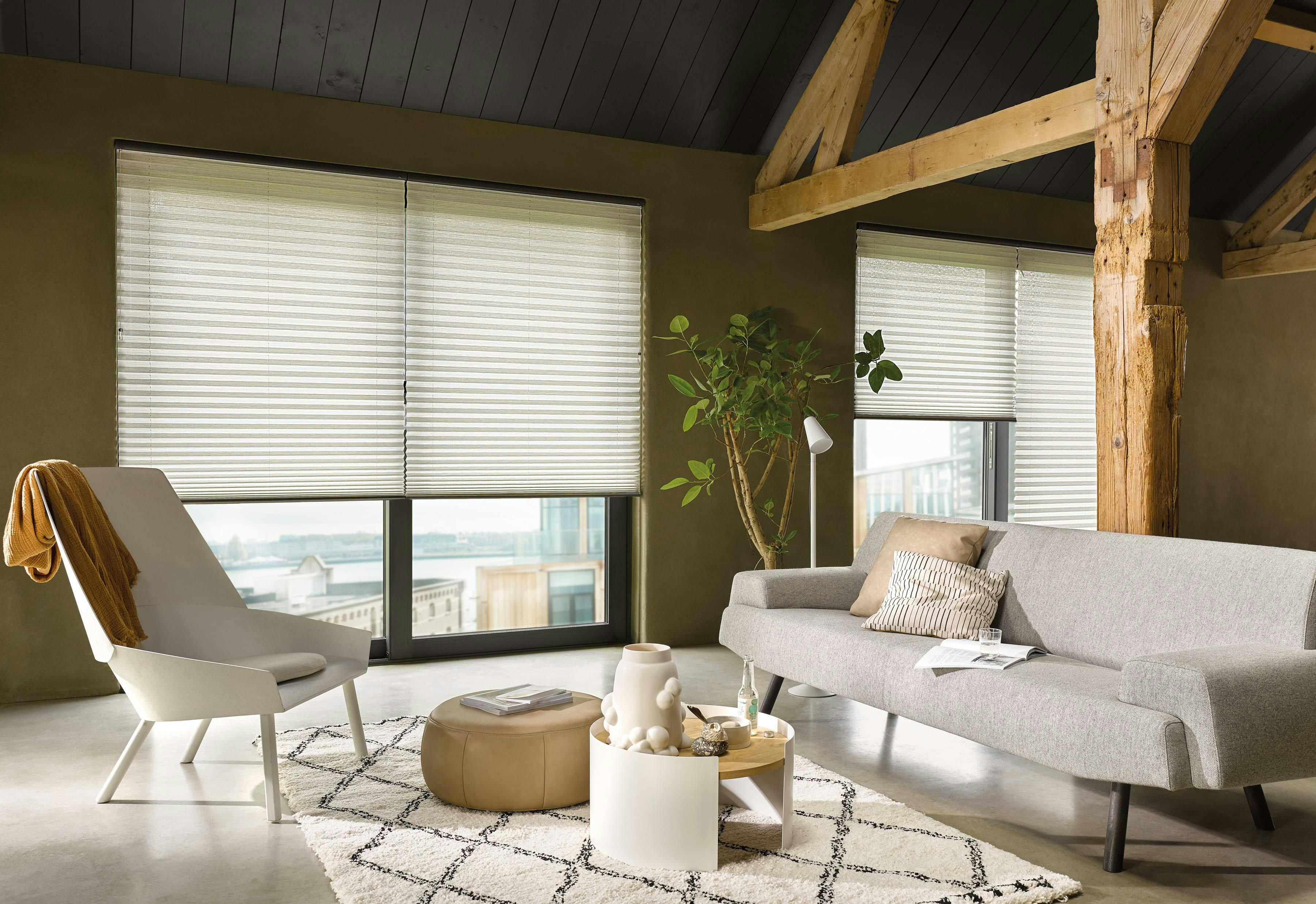 Cream plisse shades in a living room window