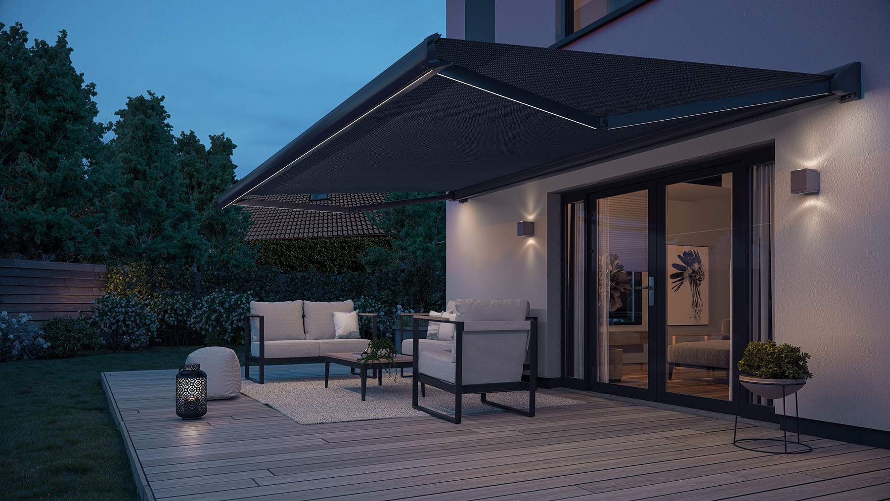 Black awnings with LED lights