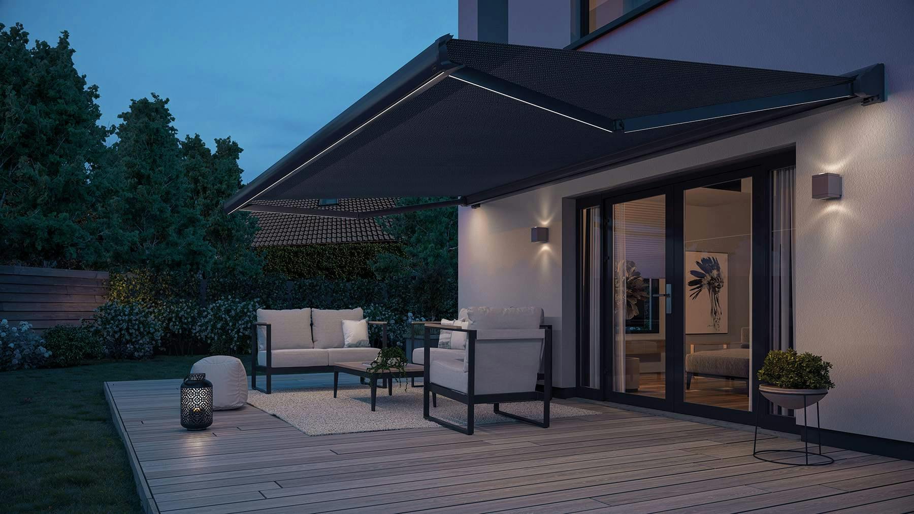 Black awnings with LED lights