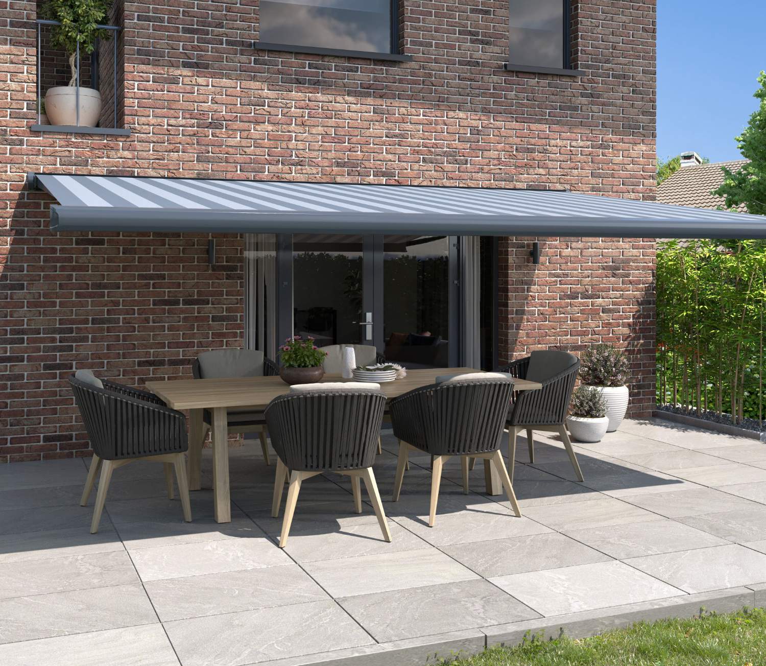 Luxaflex formosa awning in dark and light blue striped design