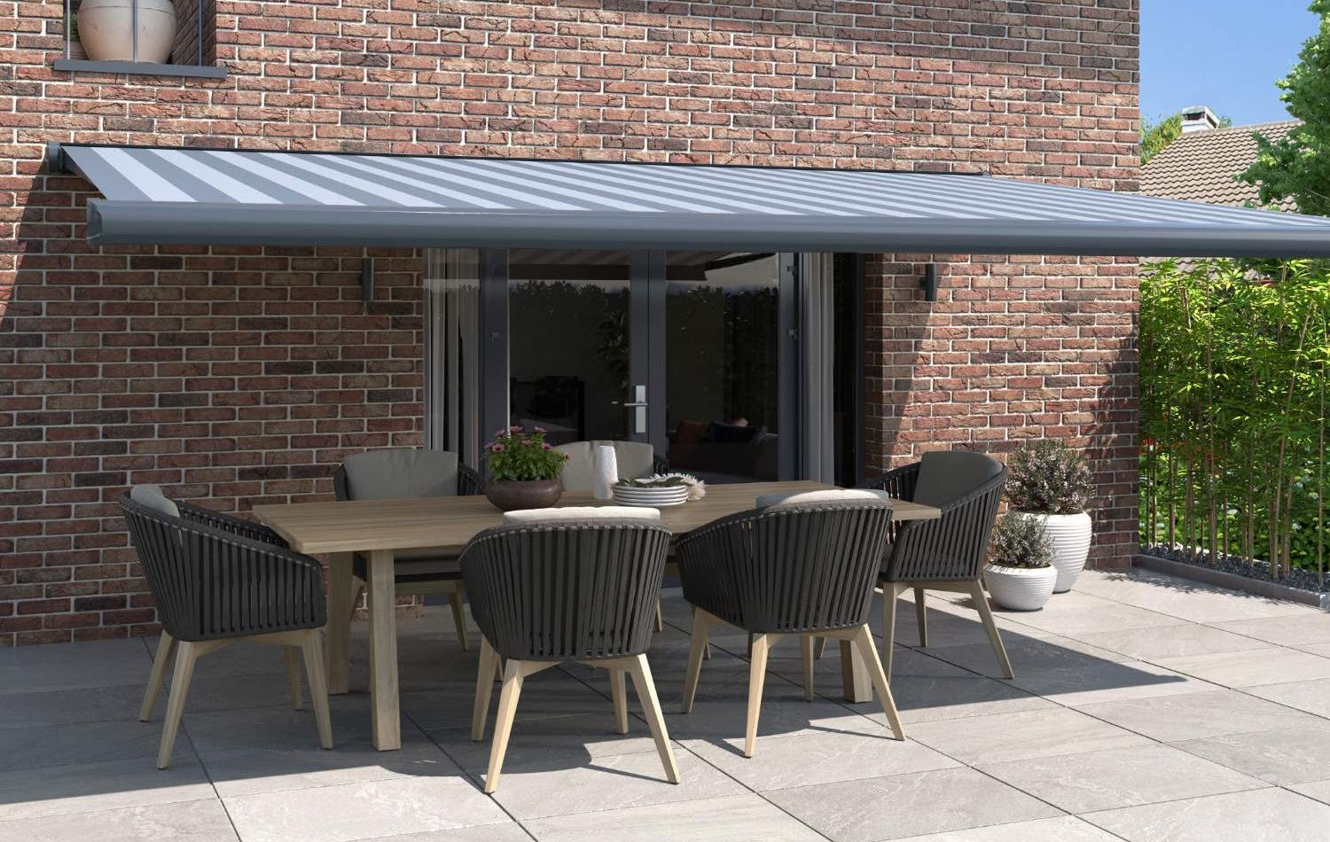 Luxaflex formosa awning in dark and light blue striped design