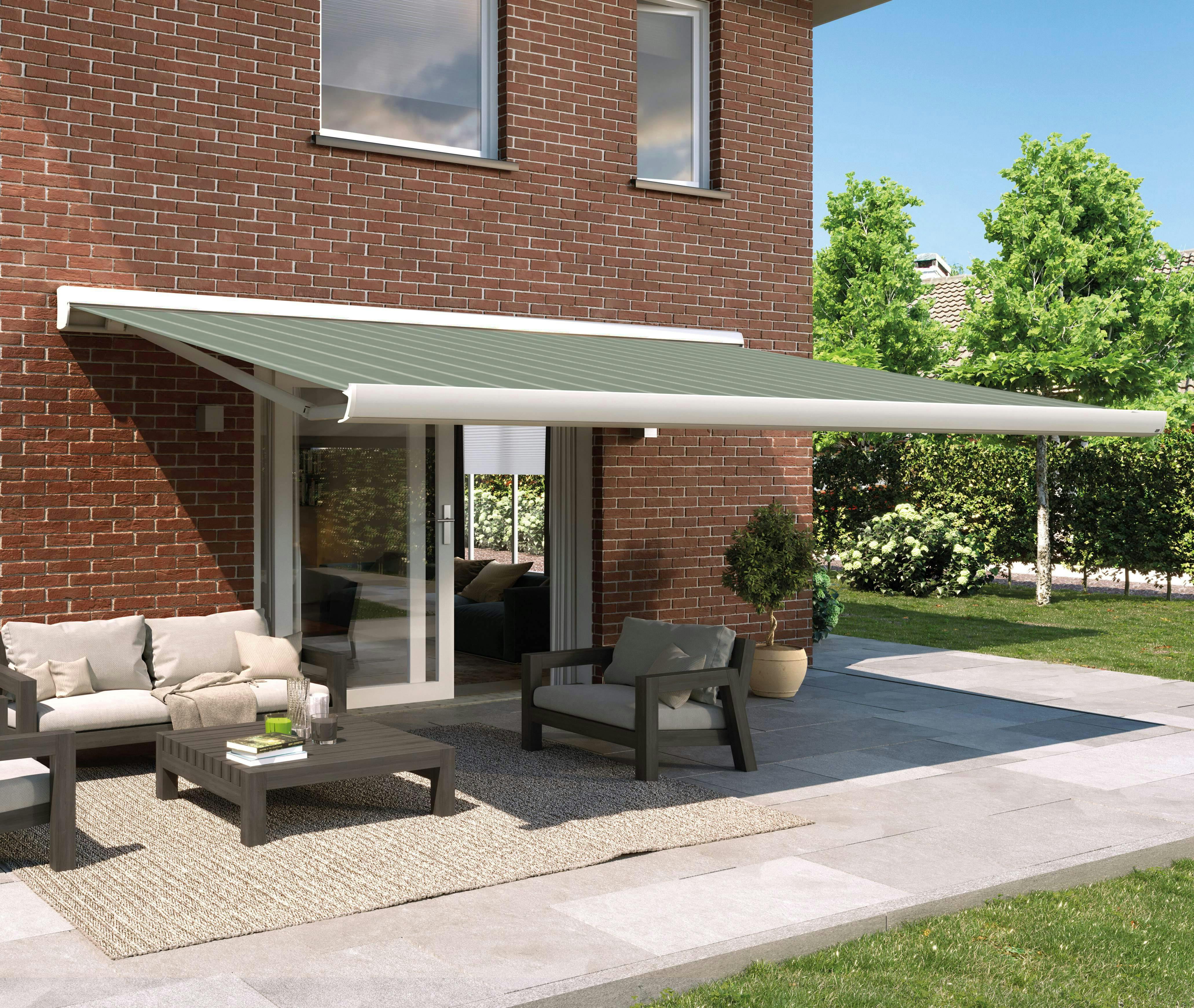 Luxaflex fabric stripe awning in dark and light green