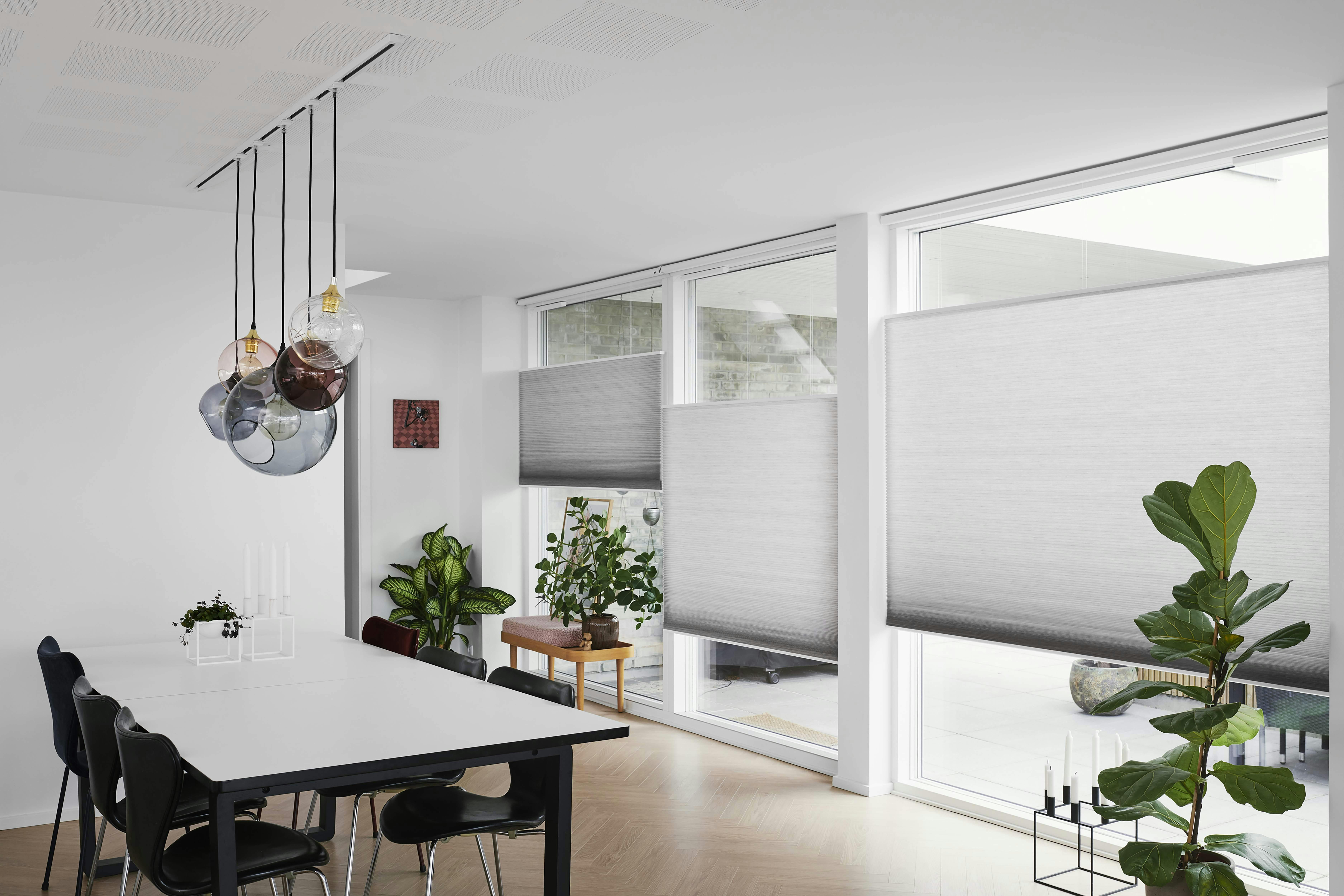 Grey gradient duette shades on dining room windows 