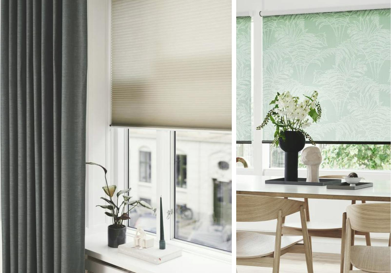 Stofgardin i dyb grøn og grønt bregnemønstret rullegardin