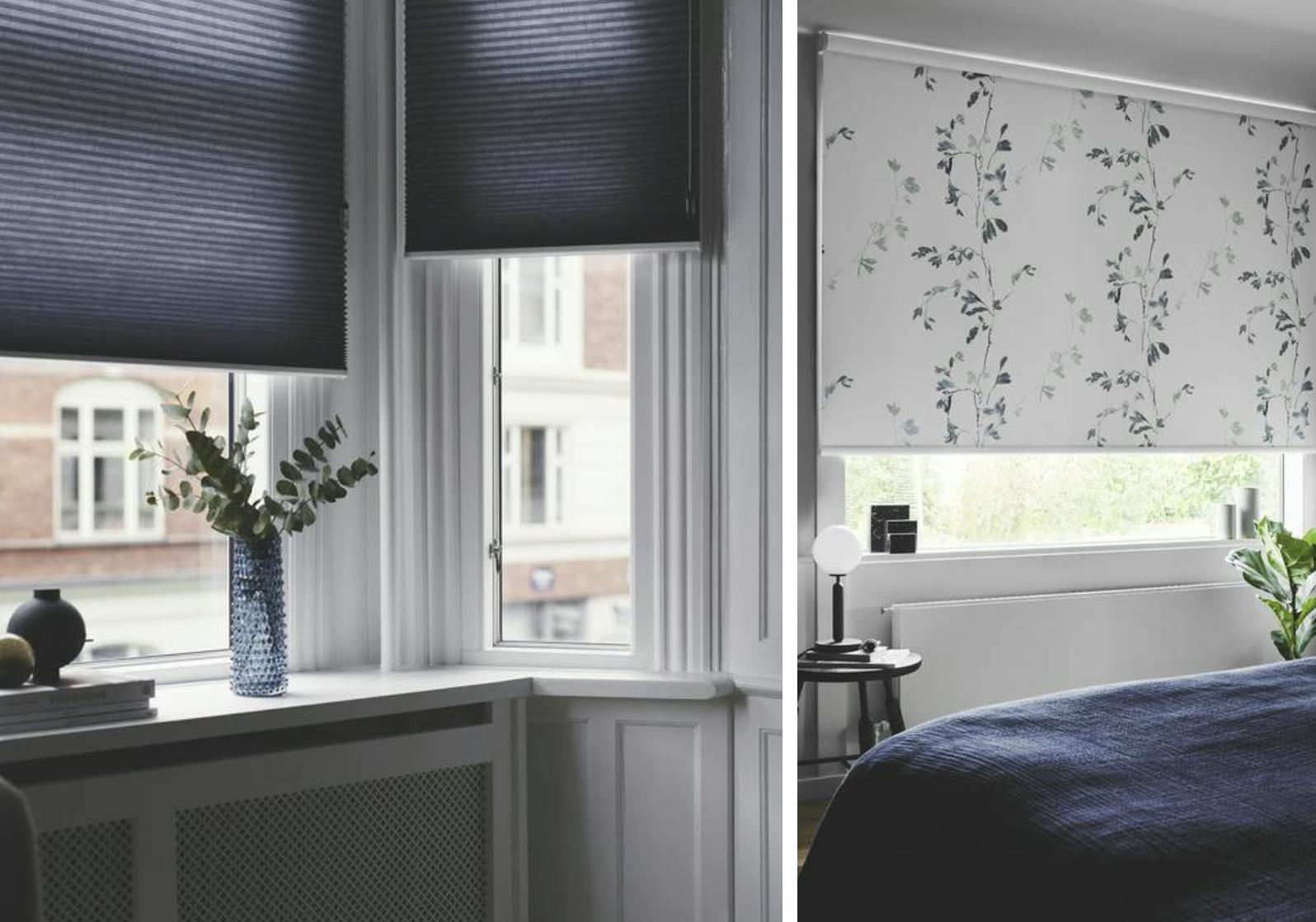 blå Duette® gardin og mørklæggende rullegardin med blå blomsterranker