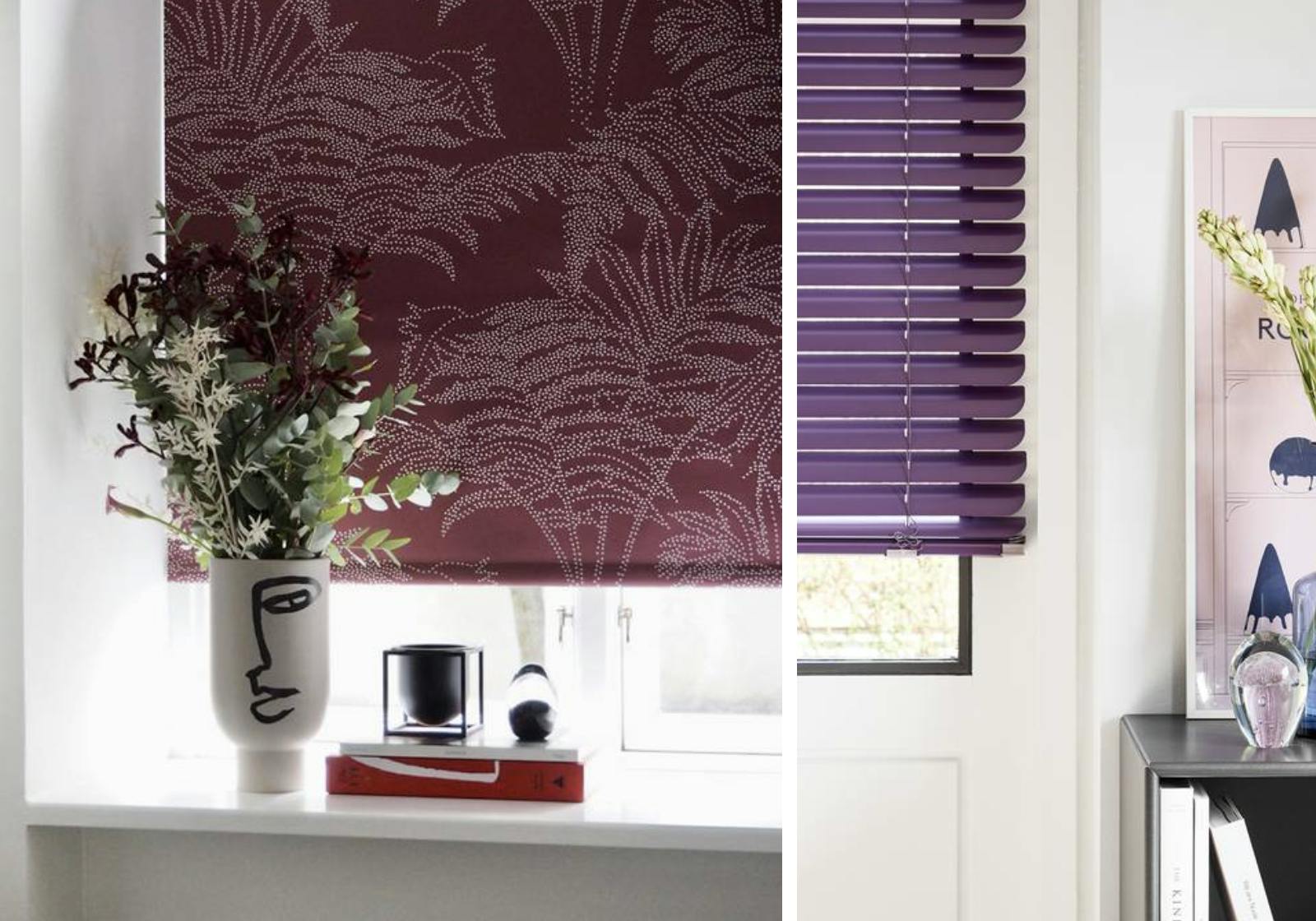 mørklæggende rullegardin i mørkerød med bregnemønster og lilla persienne