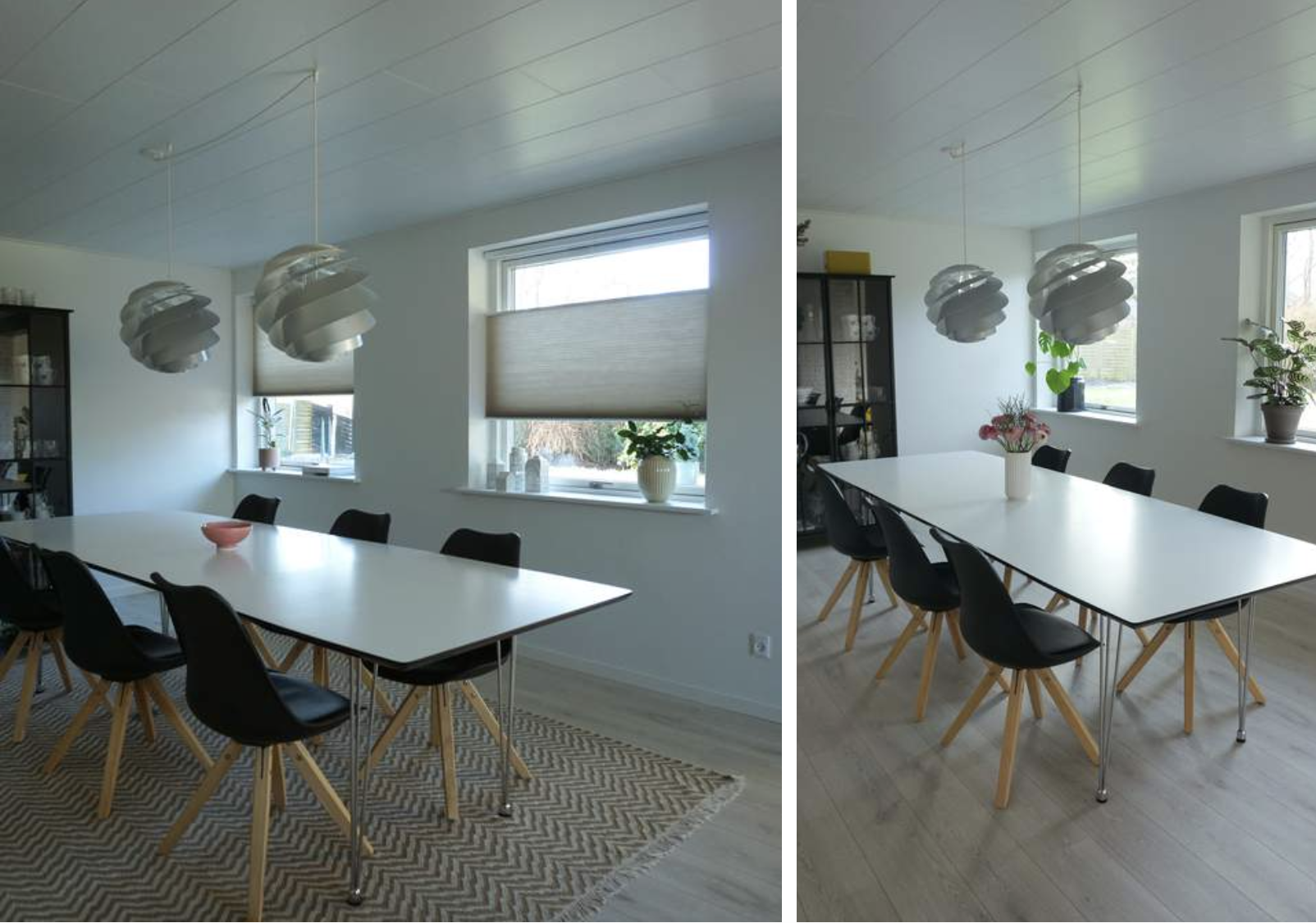 Efter: Duette® gardiner med Top Down/Bottom Up. - Før: Vinduerne står tomme.