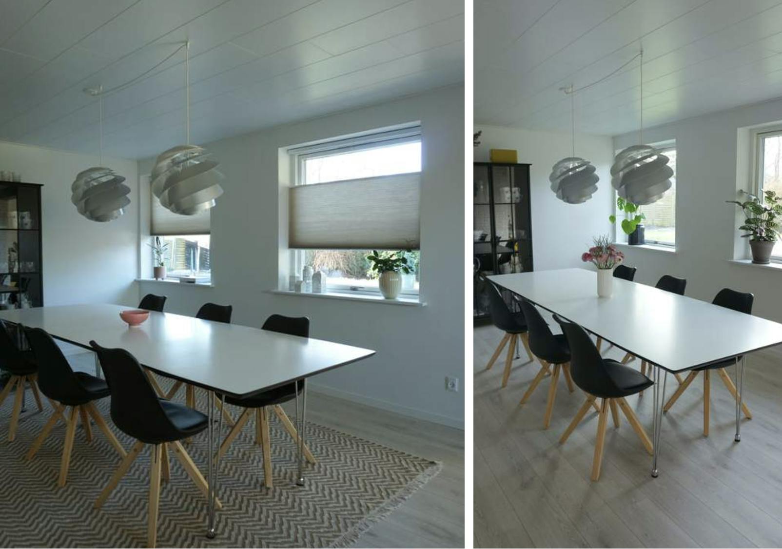 Efter: Duette® gardiner med Top Down/Bottom Up. - Før: Vinduerne står tomme.