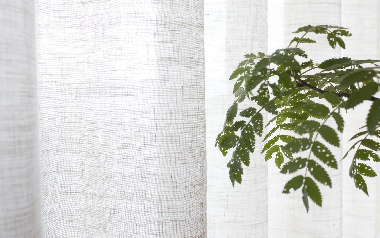 Nærbillede af et transparent hvidt gardin med grå mønstre