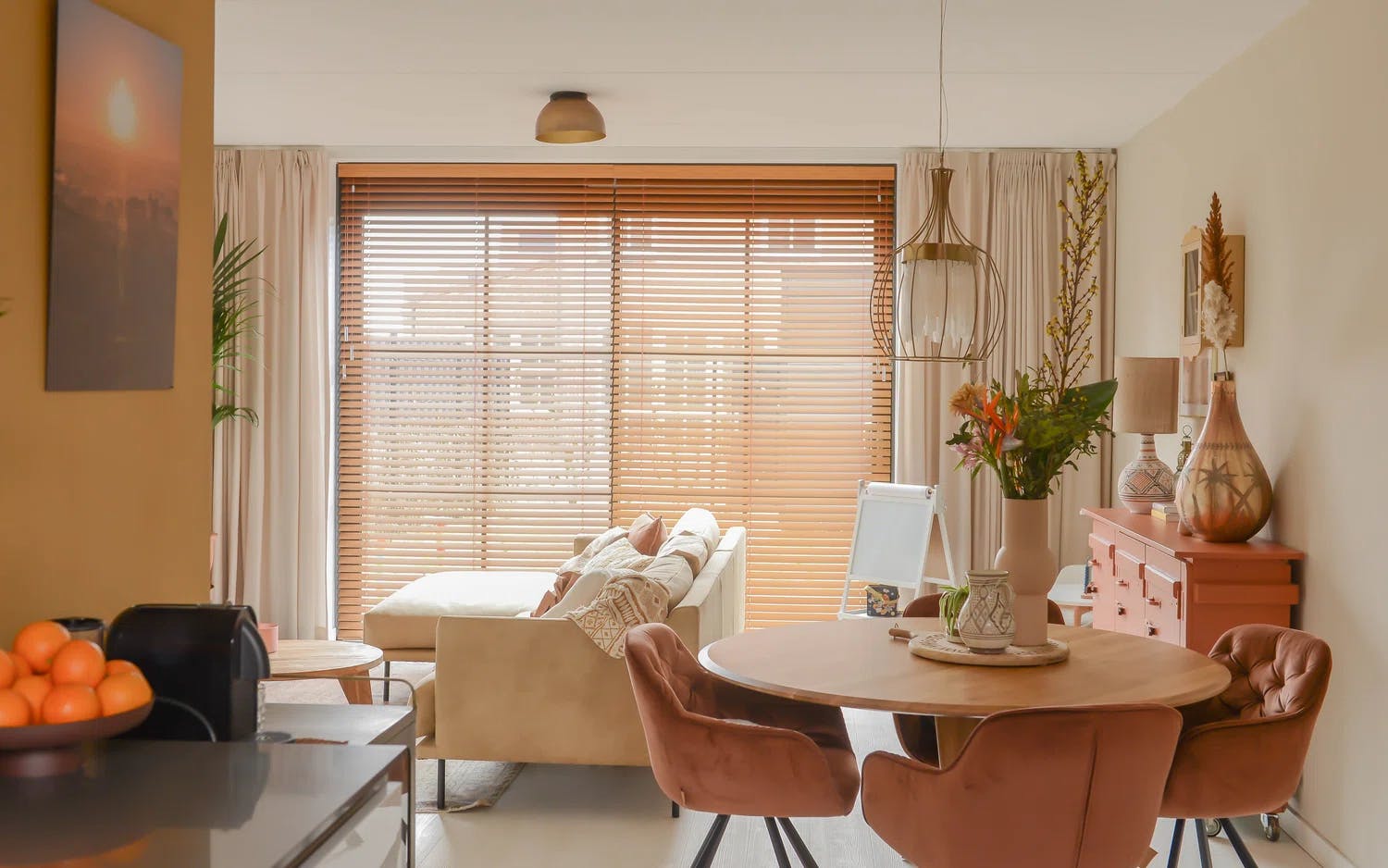 Wood blinds in a living room 