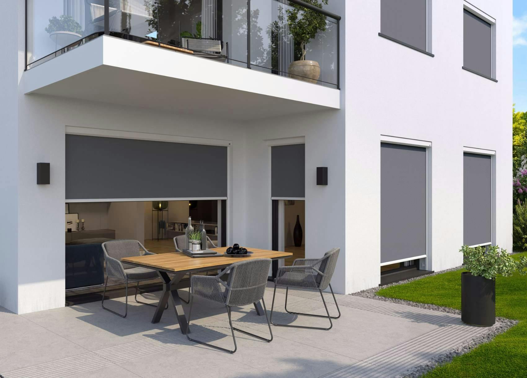 Dark grey external screens on standard home windows 