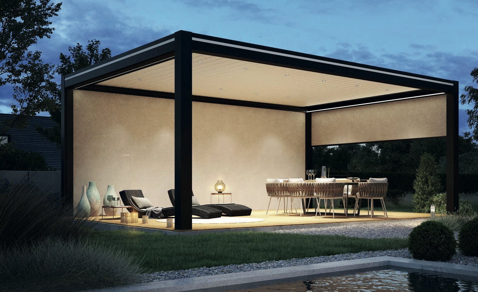 Pergola with black hardware and cream roof