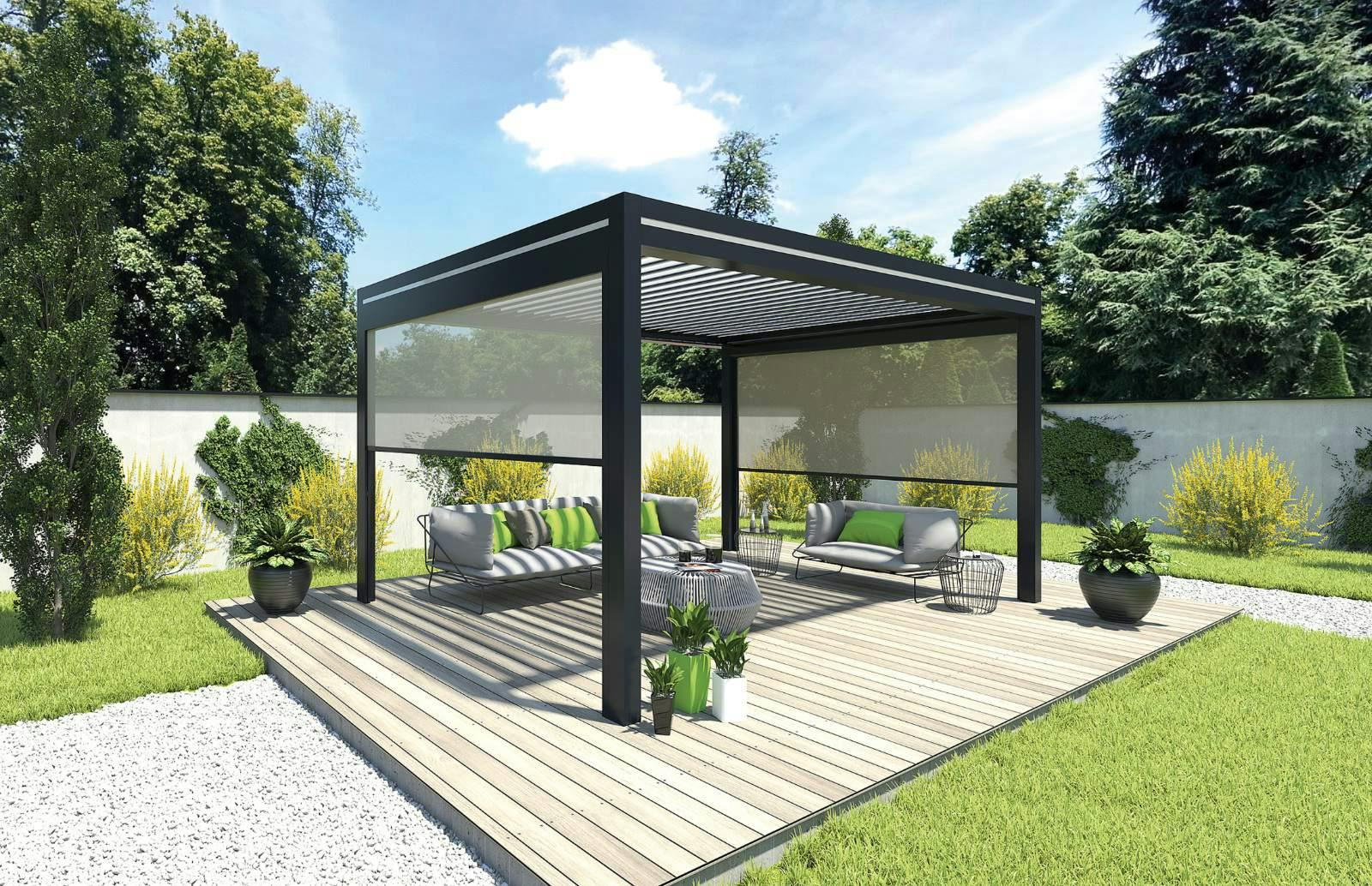 Black louvred roof pergola