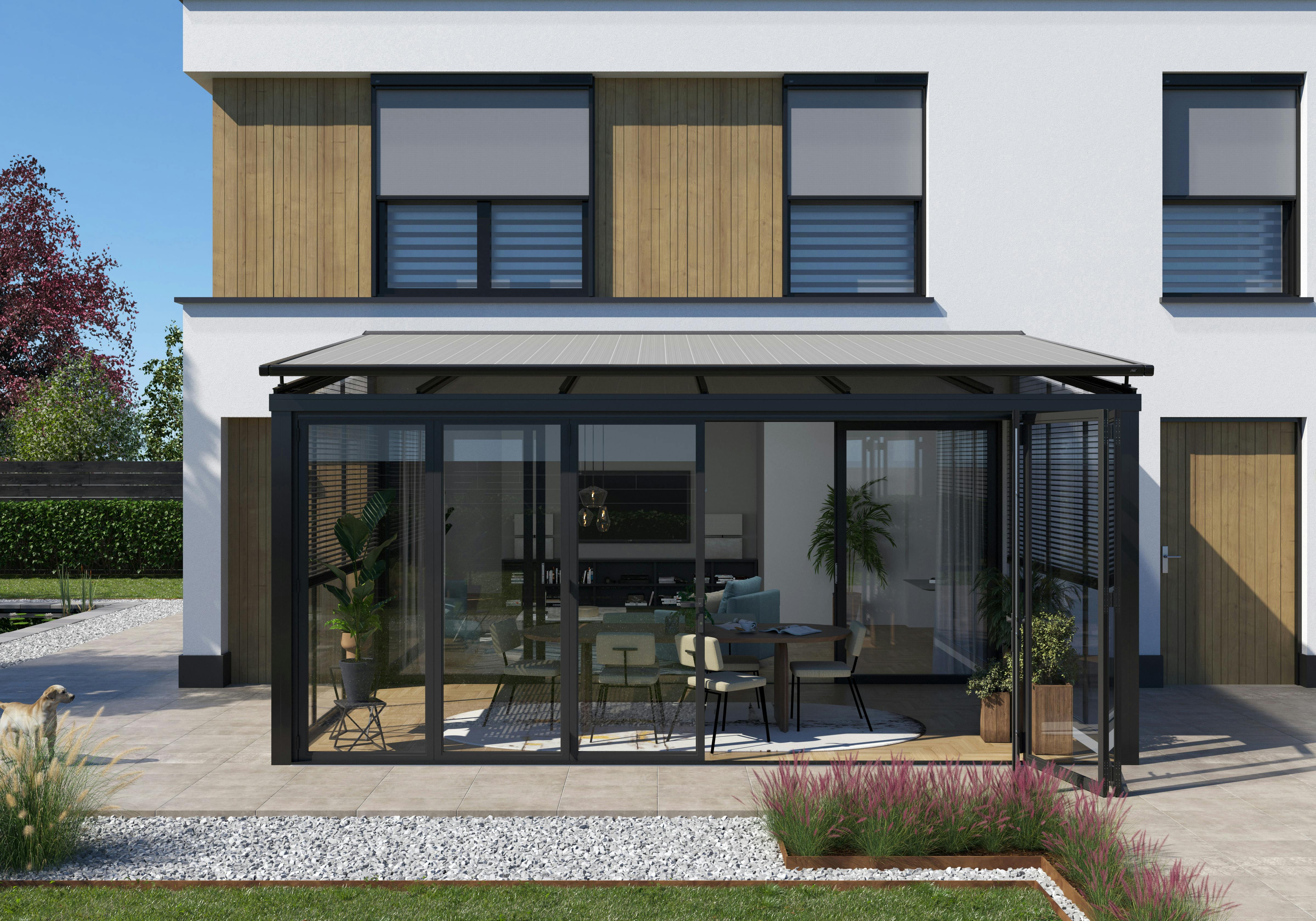 Pergola met zijschermen en glazen wanden