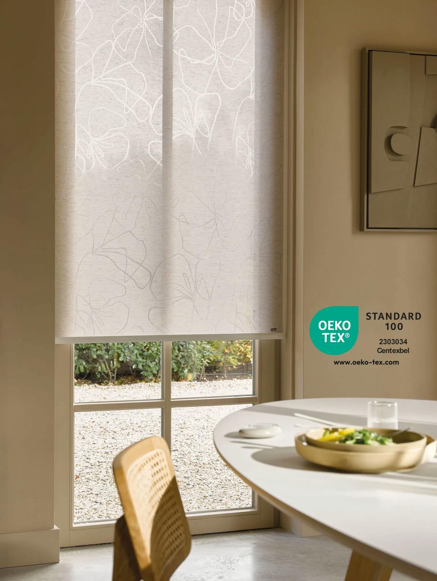 White roller blinds in a dining room